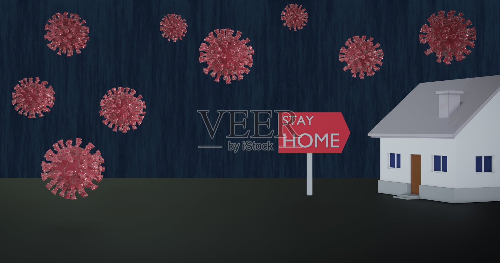 病毒和主页3d插图。呆在家里照片摄影图片