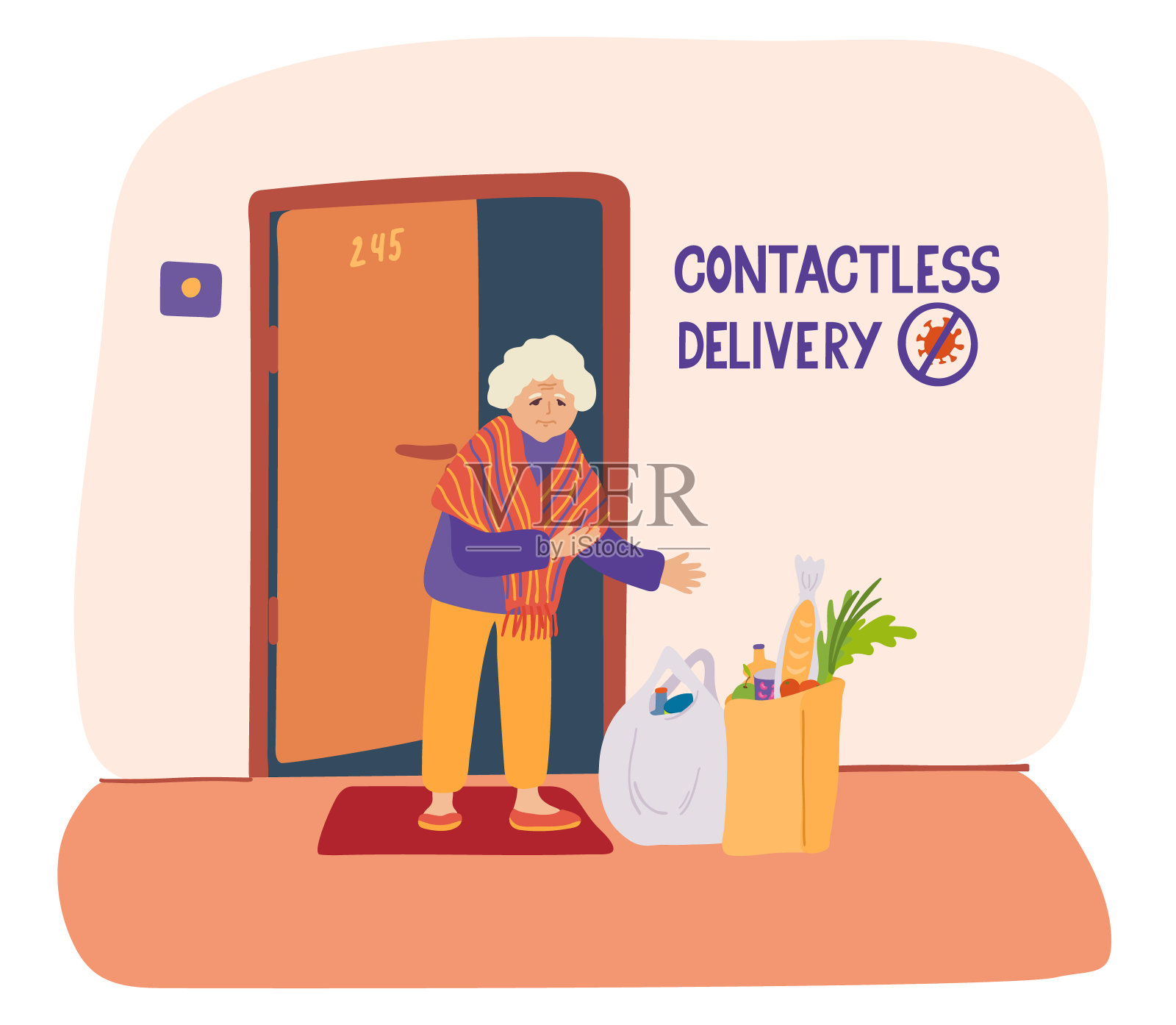 一位资深女性的非接触式投递海报。插画图片素材