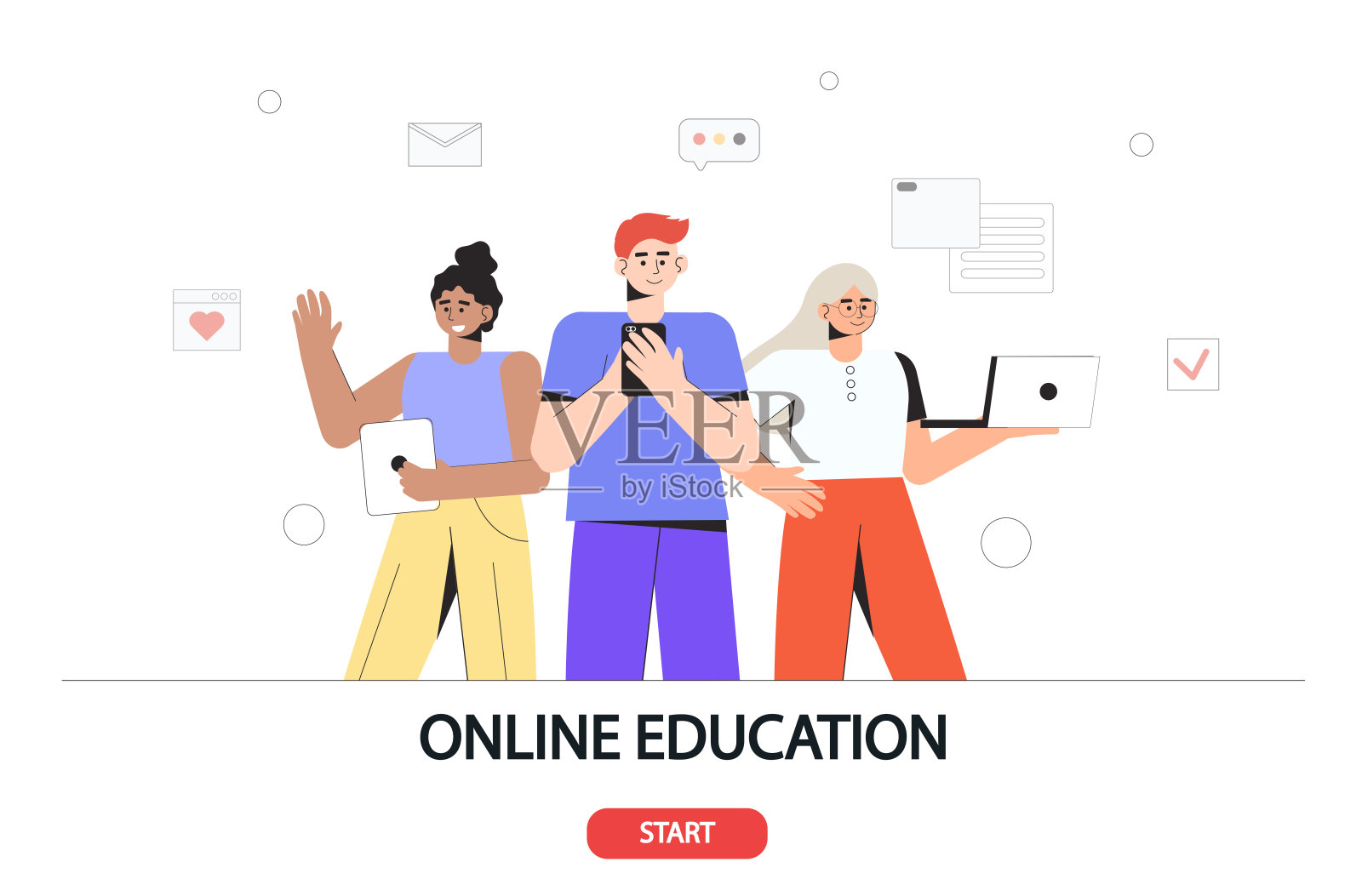 横幅和网站的在线教育理念。着陆页模板。年轻的学生站起来，拿着笔记本电脑和智能手机。平面风格矢量插图。插画图片素材