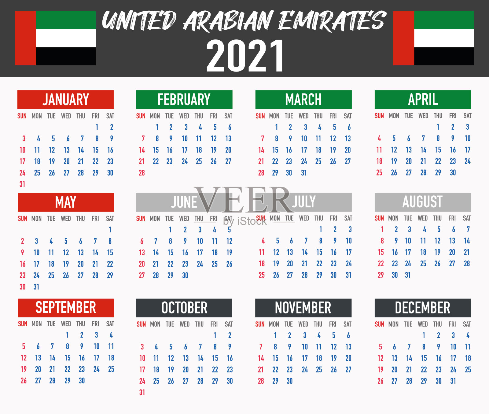 阿拉伯联合酋长国，阿联酋日历与国旗。月、日、周。色彩缤纷的调色板，时尚简约的平面设计。矢量插图背景为网络，桌面，商业，提醒，计划，排版插画图片素材