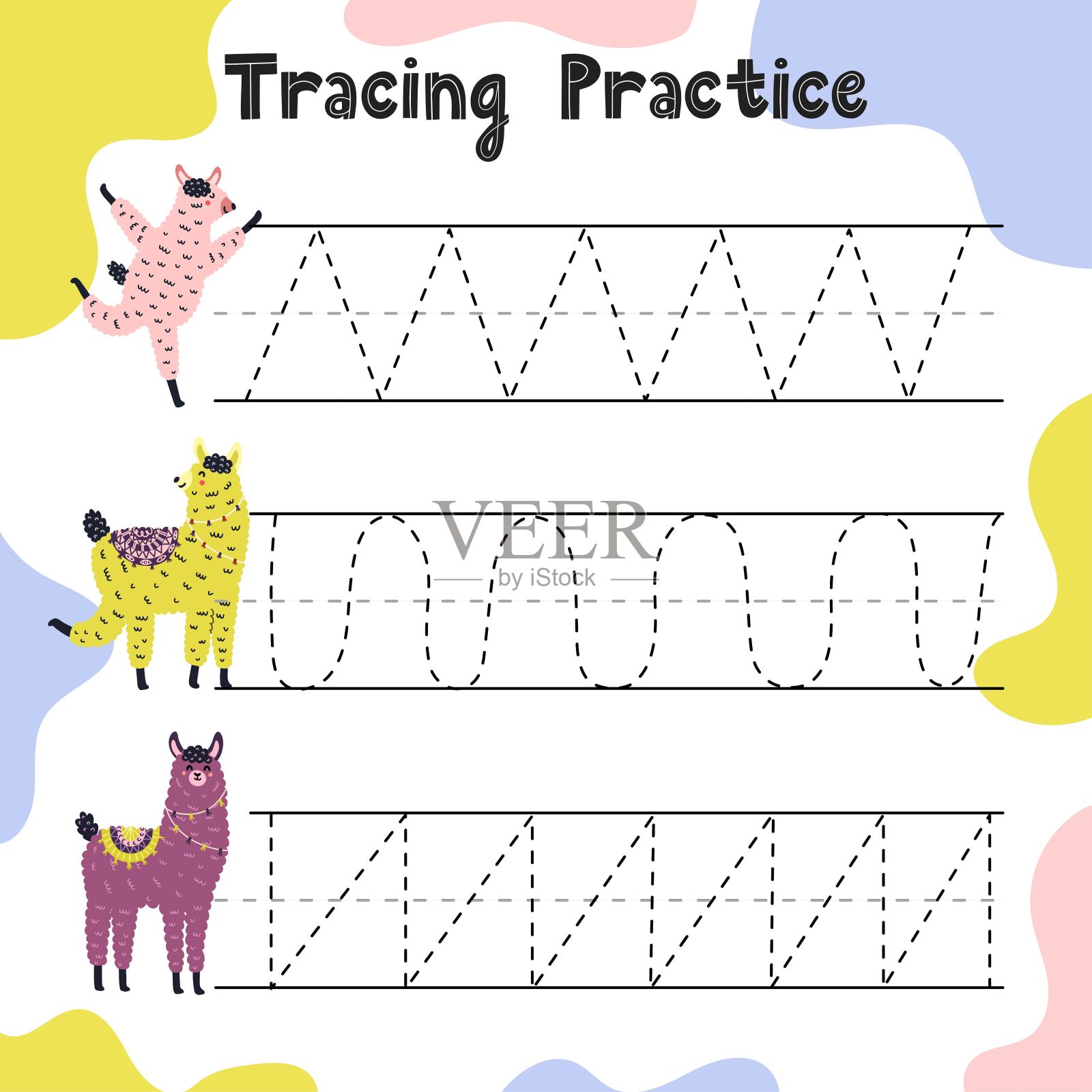 Trace line activity page for kids。滑稽羊驼的手写练习表插画图片素材