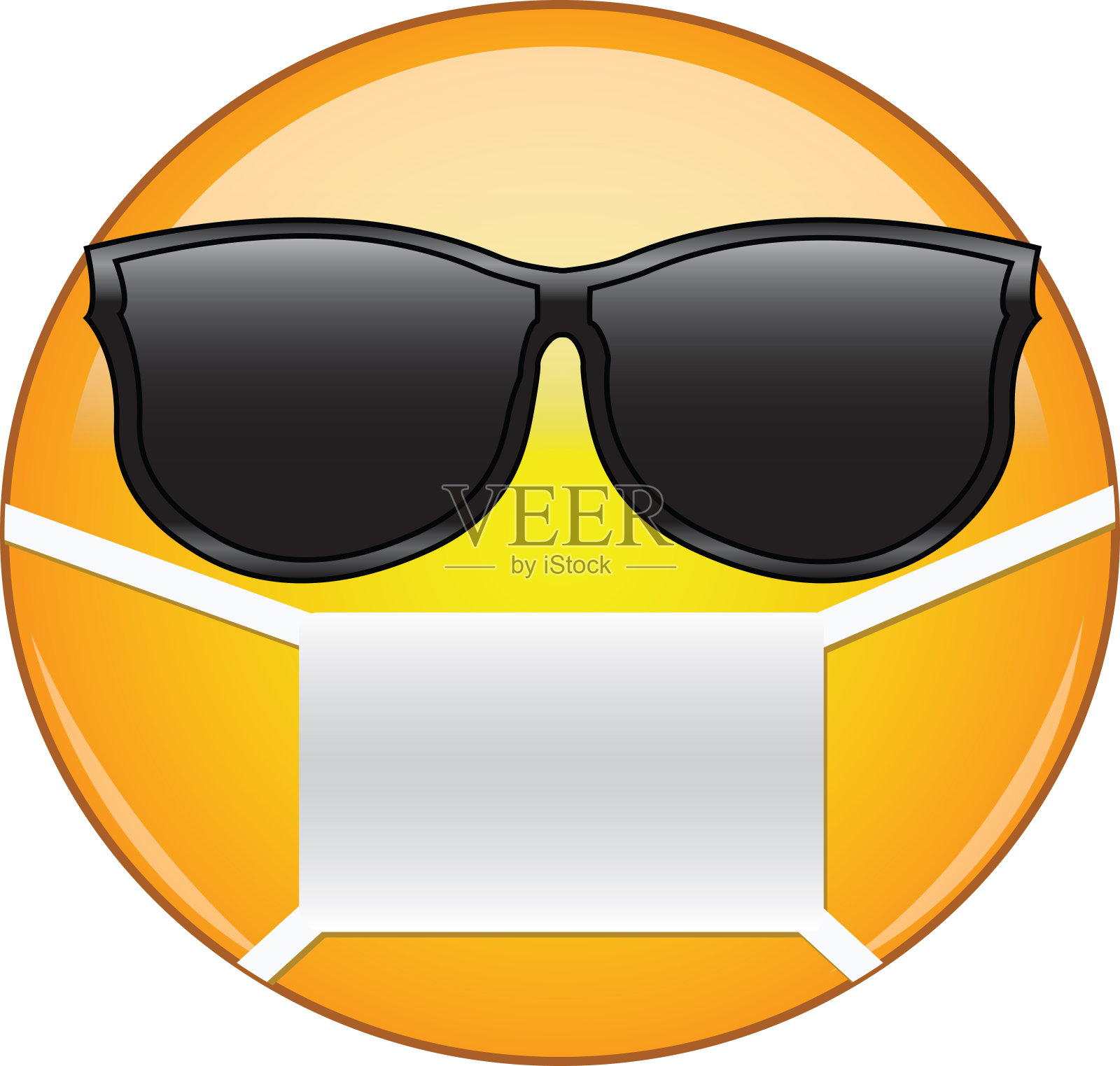 戴着面具的表情很酷。戴着太阳镜和健康面具的黄色表情符号，以保护自己免受细菌、病毒、空气污染和雾霾的侵袭。插画图片素材