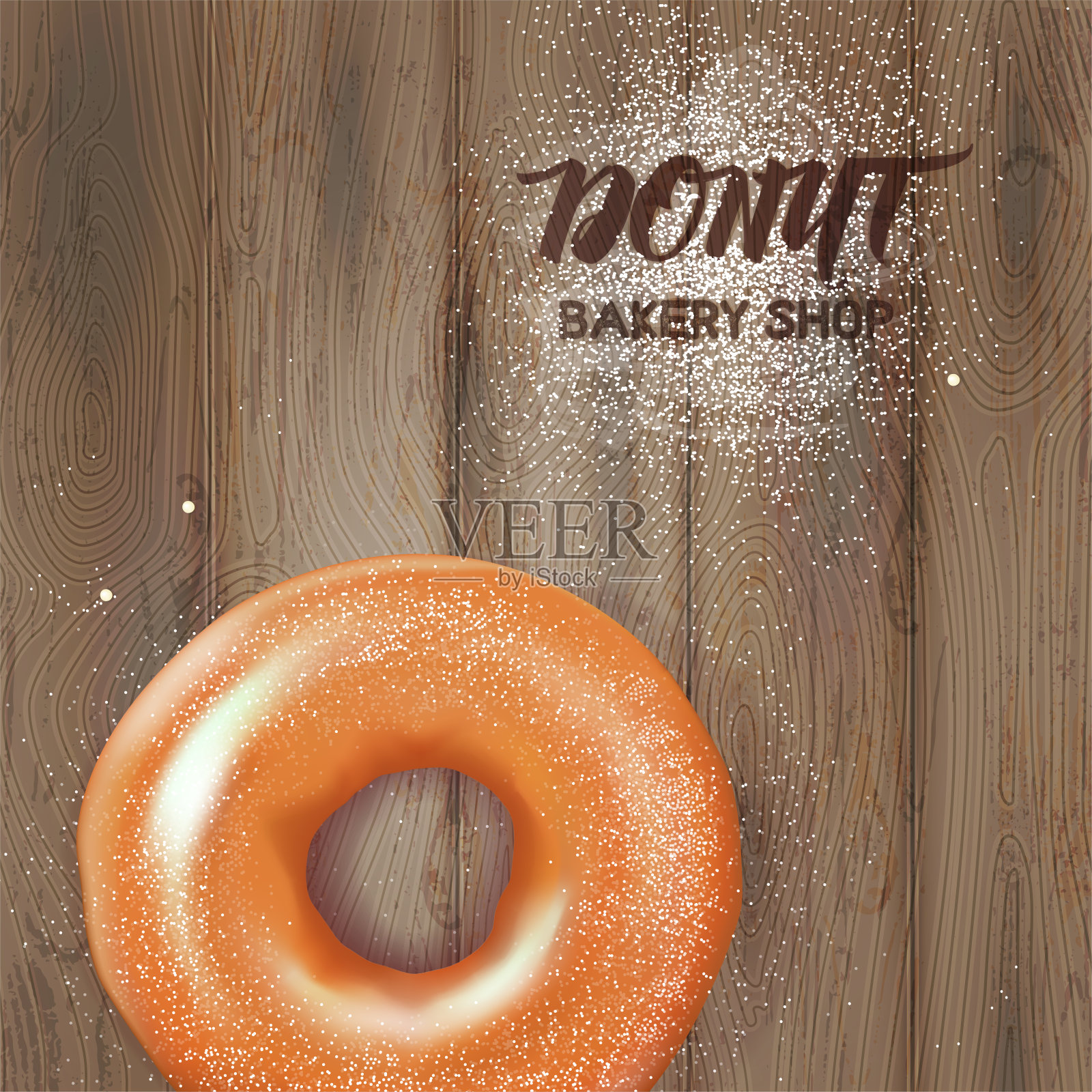 木桌上的糖粉甜甜圈。烘焙店的概念。现实的矢量图设计元素图片