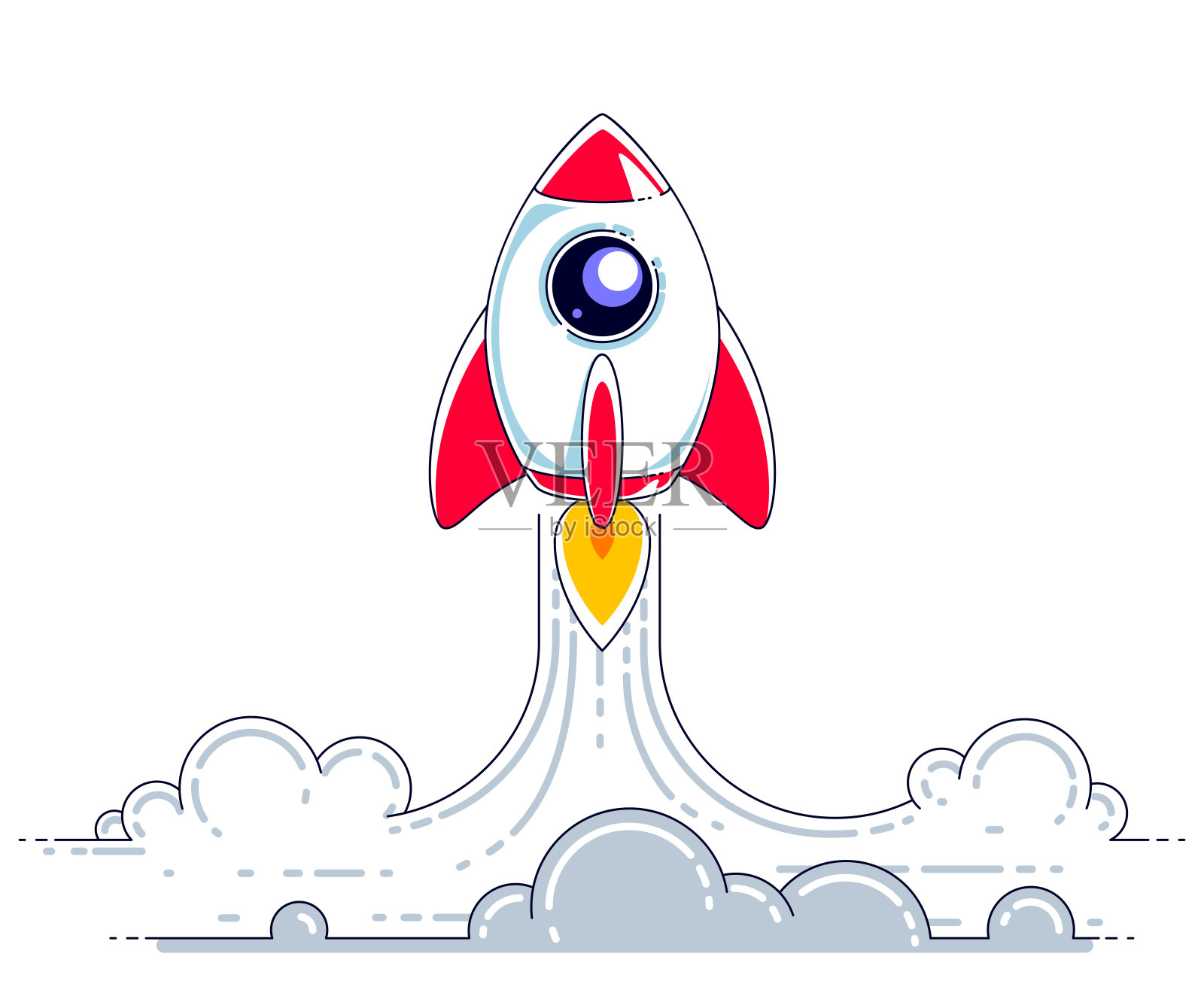 火箭发射到未知的太空。探索宇宙，叹为观止的空间科学。细线3d矢量插图孤立在白色。插画图片素材