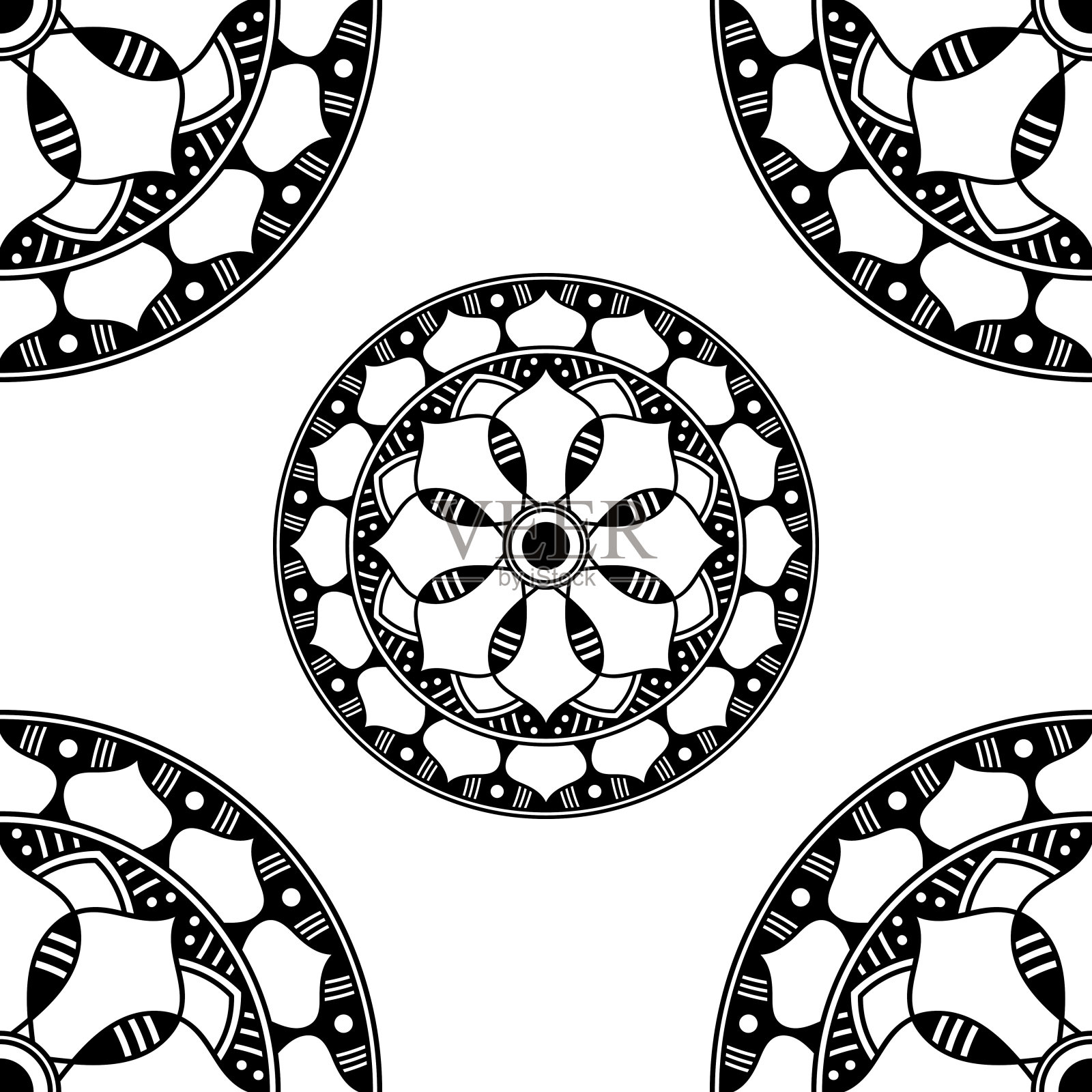 曼陀罗无缝黑白图案。伊斯兰教，阿拉伯语，巴基斯坦，摩洛哥，土耳其，印度，西班牙主题。矢量插图EPS 10插画图片素材