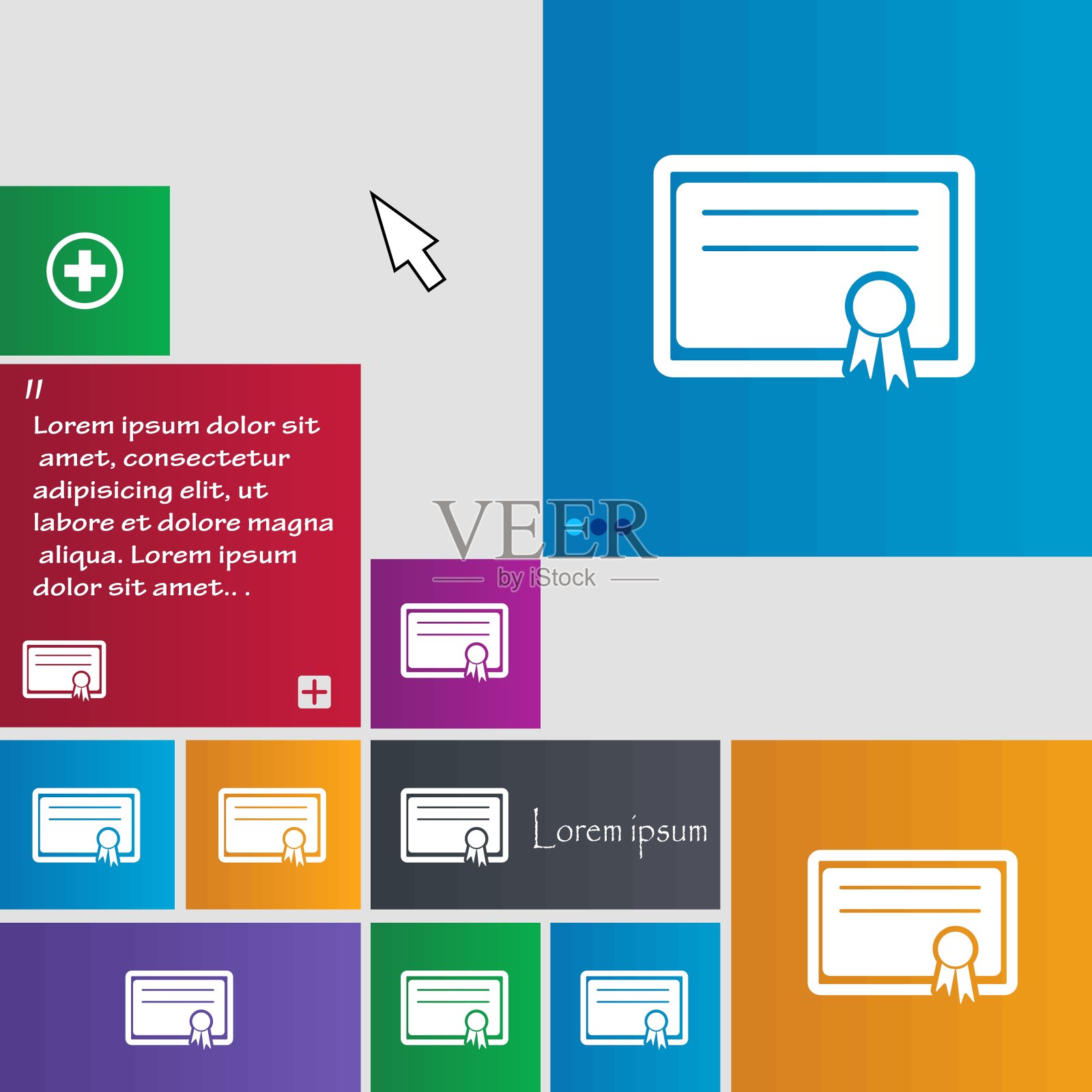 证书的图标符号。按钮。现代界面网站按钮与光标指针。向量插画图片素材