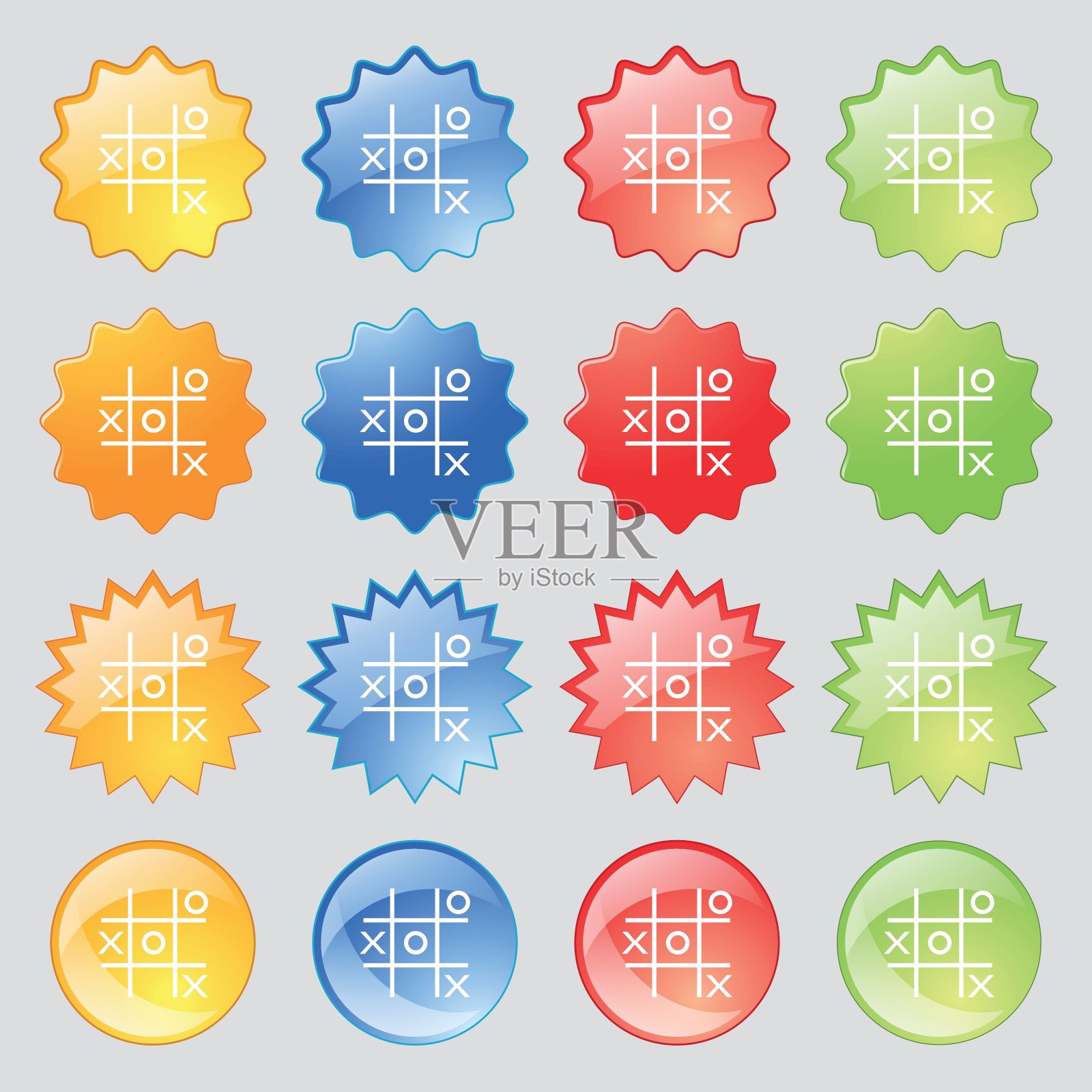tac - toe游戏矢量图标标志。大套16个彩色现代钮扣为您的设计。向量图标素材