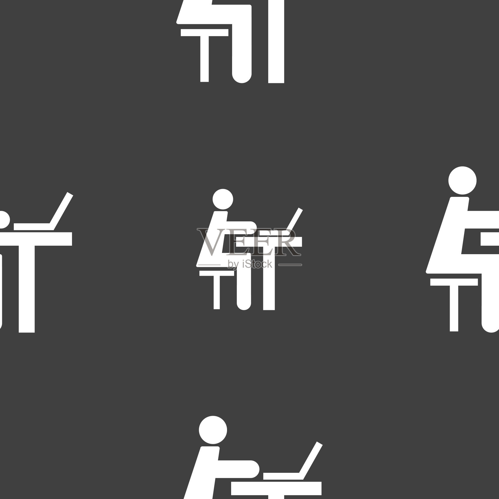 商人工作的电脑图标标志。灰色背景上的无缝模式。向量图标素材