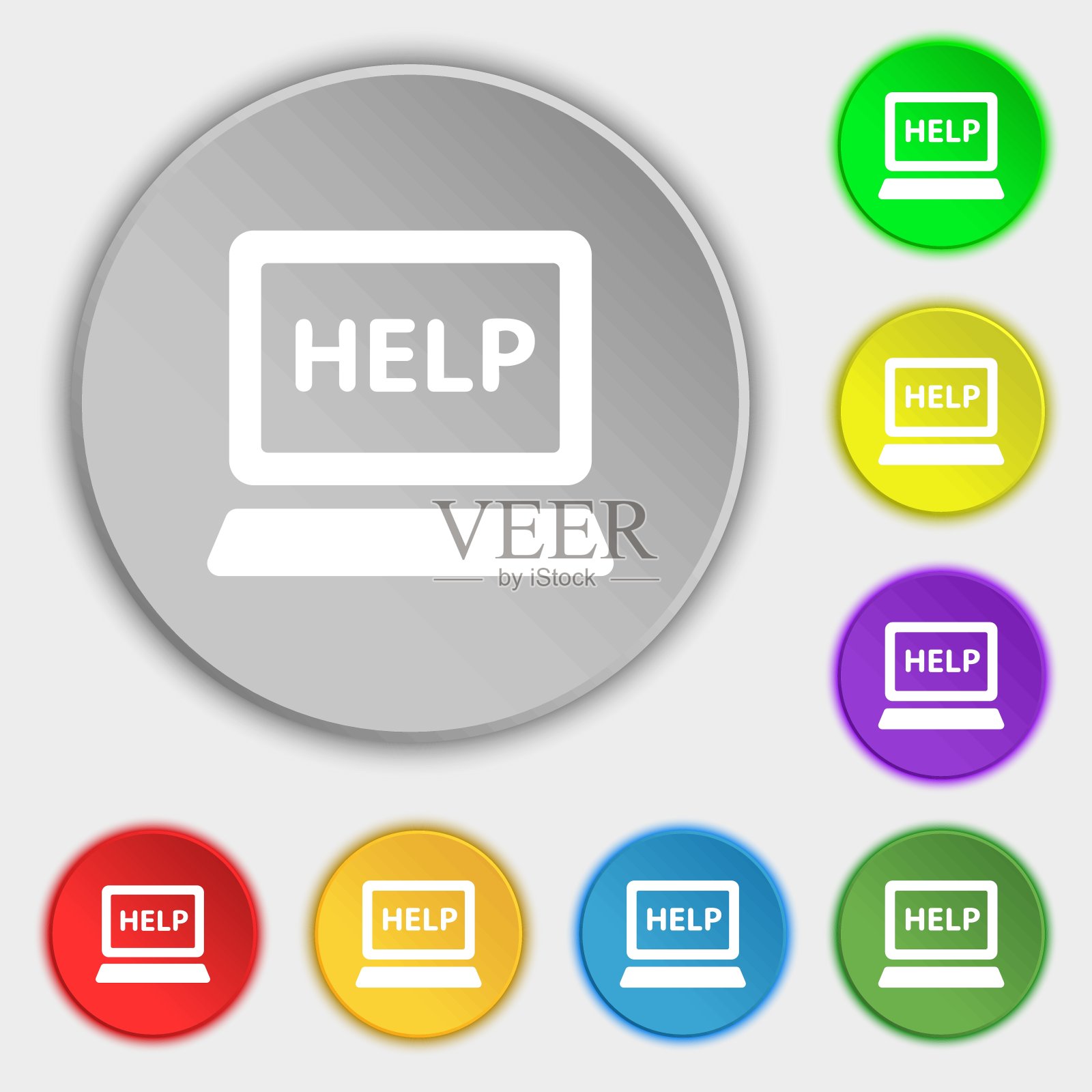 笔记本电脑技术服务图标标志。符号在八个平面按钮上。向量图标素材