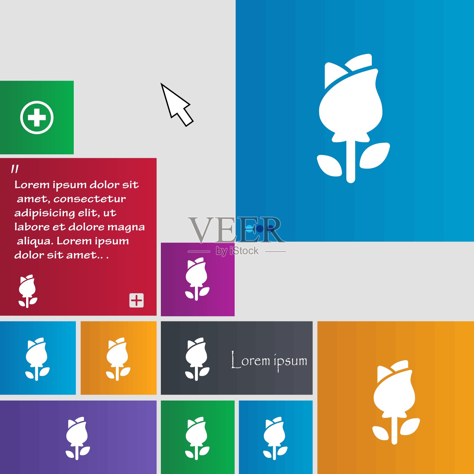 玫瑰图标符号。按钮。现代界面网站按钮与光标指针。向量插画图片素材