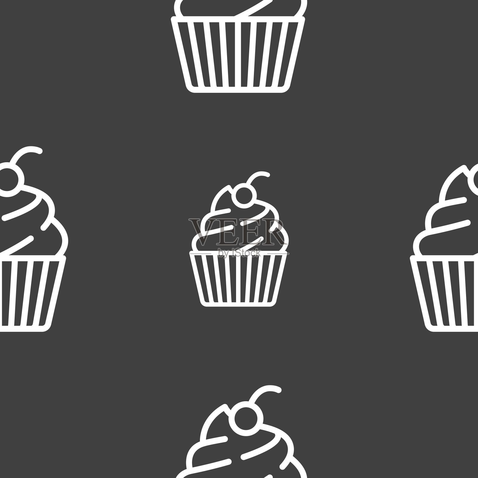 蛋糕图标符号。灰色背景上的无缝模式。向量图标素材