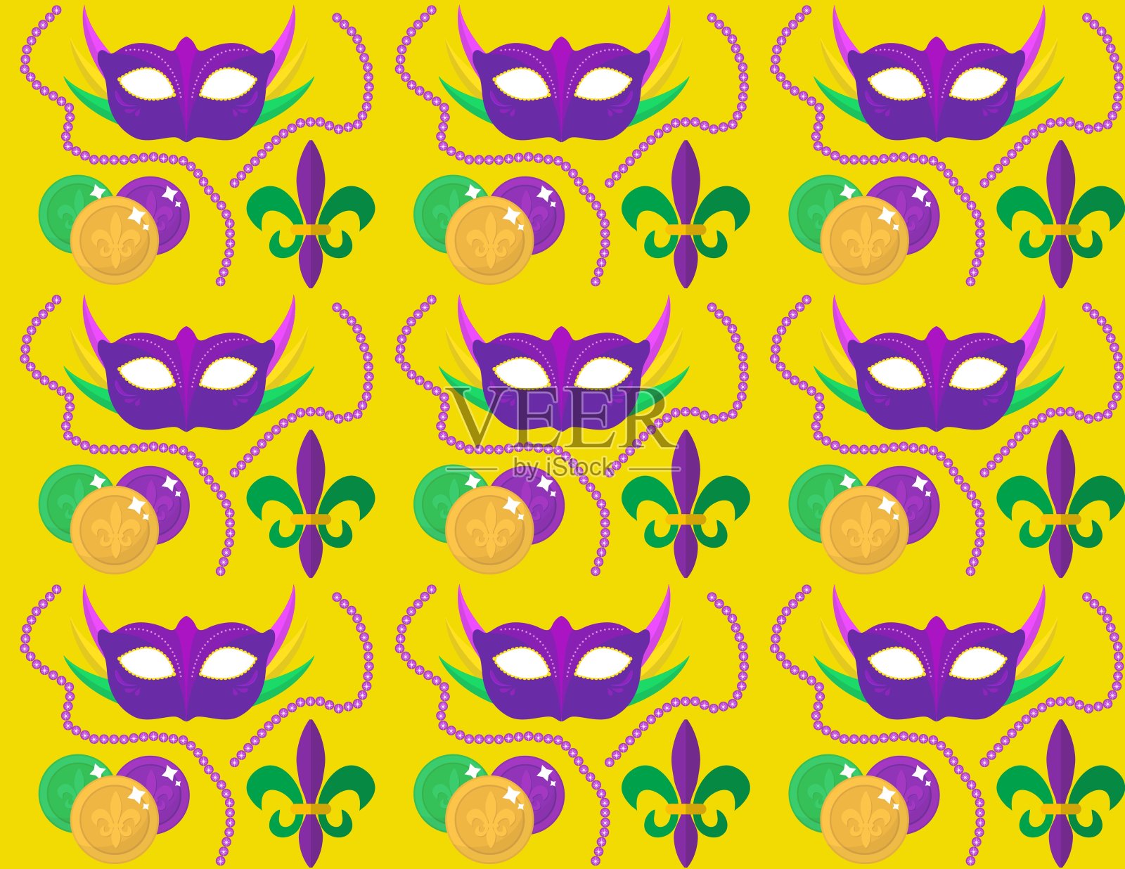 狂欢节上无缝的图案有羽毛面具、珠子。无尽的背景，纹理，壁纸。矢量图插画图片素材