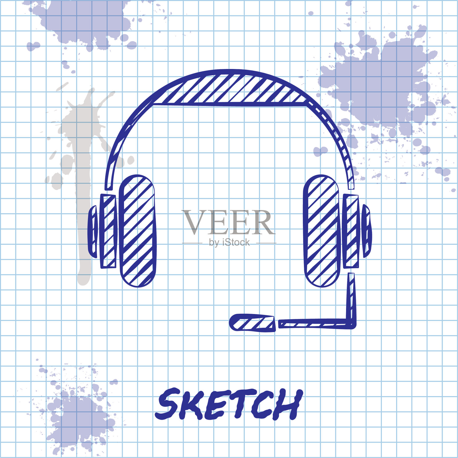 草图线耳机图标隔离在白色插画图片素材