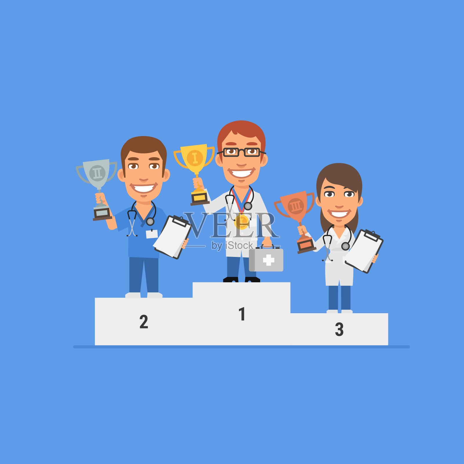 三位医生面带微笑，手持杯子站在基座上插画图片素材
