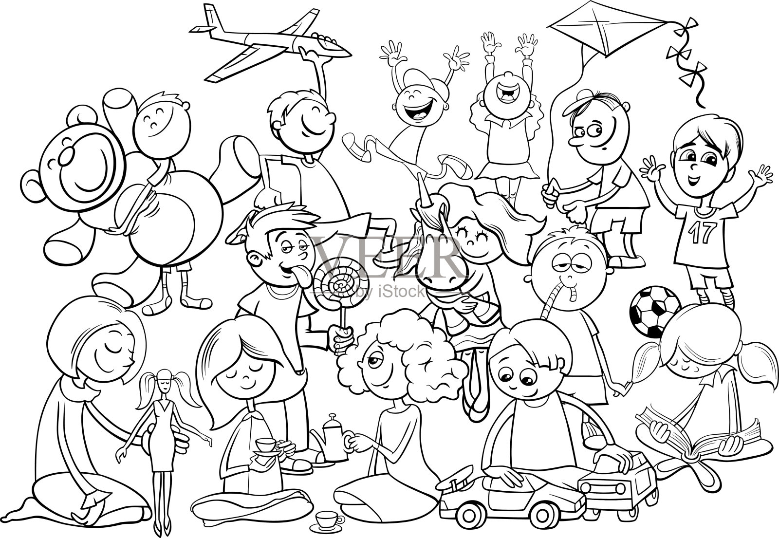 顽皮的儿童群着色书插画图片素材