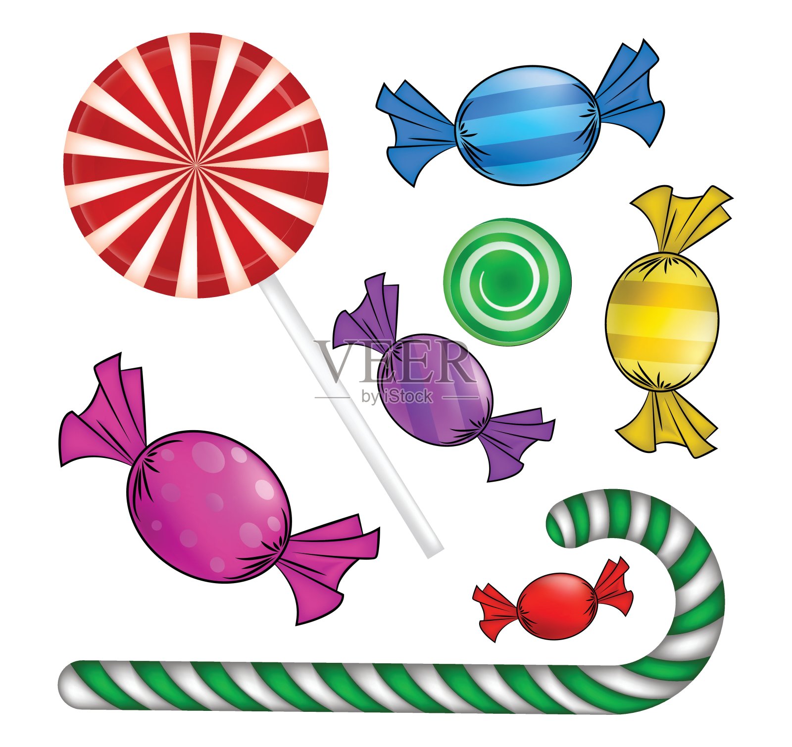 圣诞糖果。五颜六色的包糖，棒棒糖，甘蔗。矢量插图孤立在白色背景上。图标素材