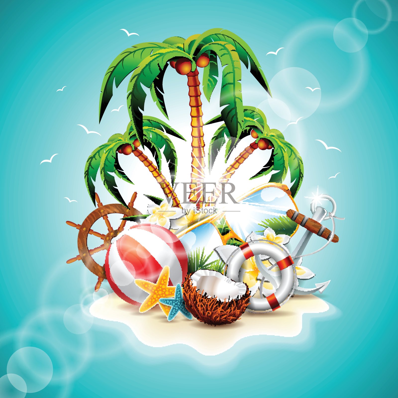 矢量插图在夏季假期主题与天堂岛在海的背景。插画图片素材