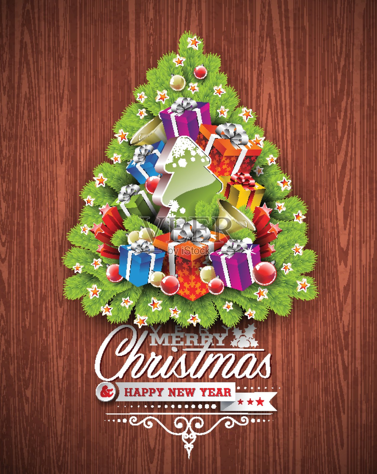 圣诞快乐和新年快乐的排版设计与节日元素的木材纹理背景。设计模板素材