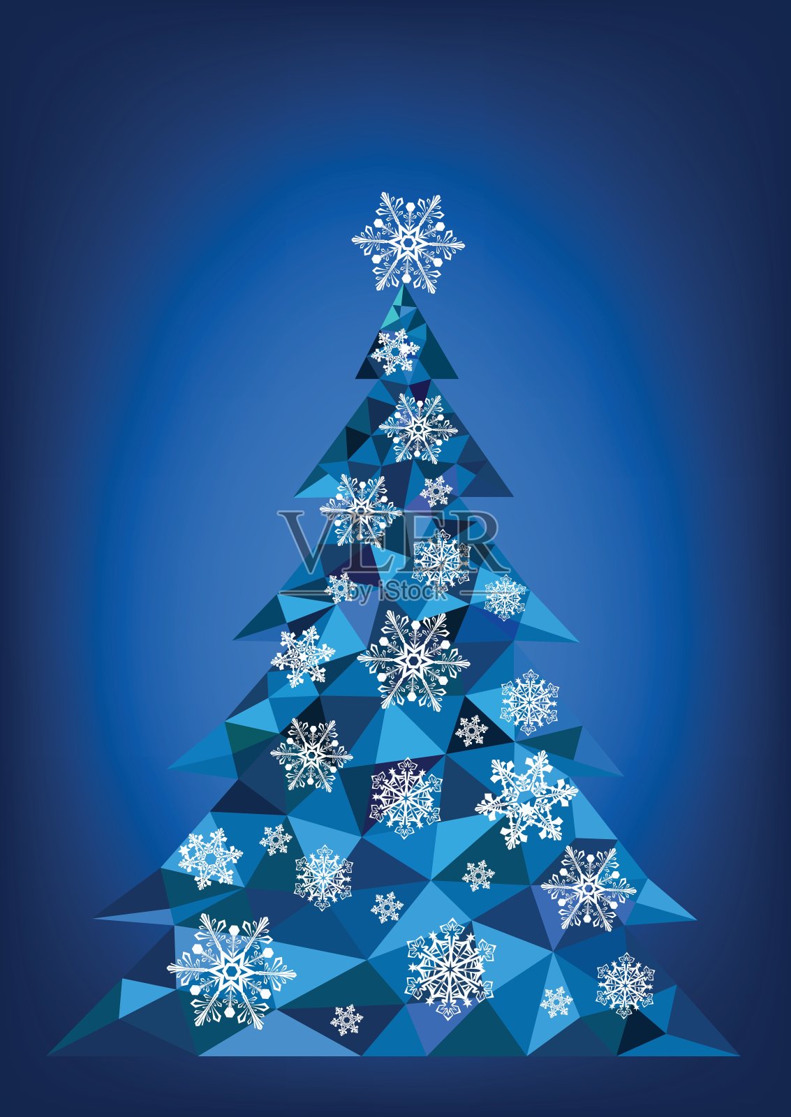 抽象的多边形圣诞树与雪花在蓝色的背景插画图片素材