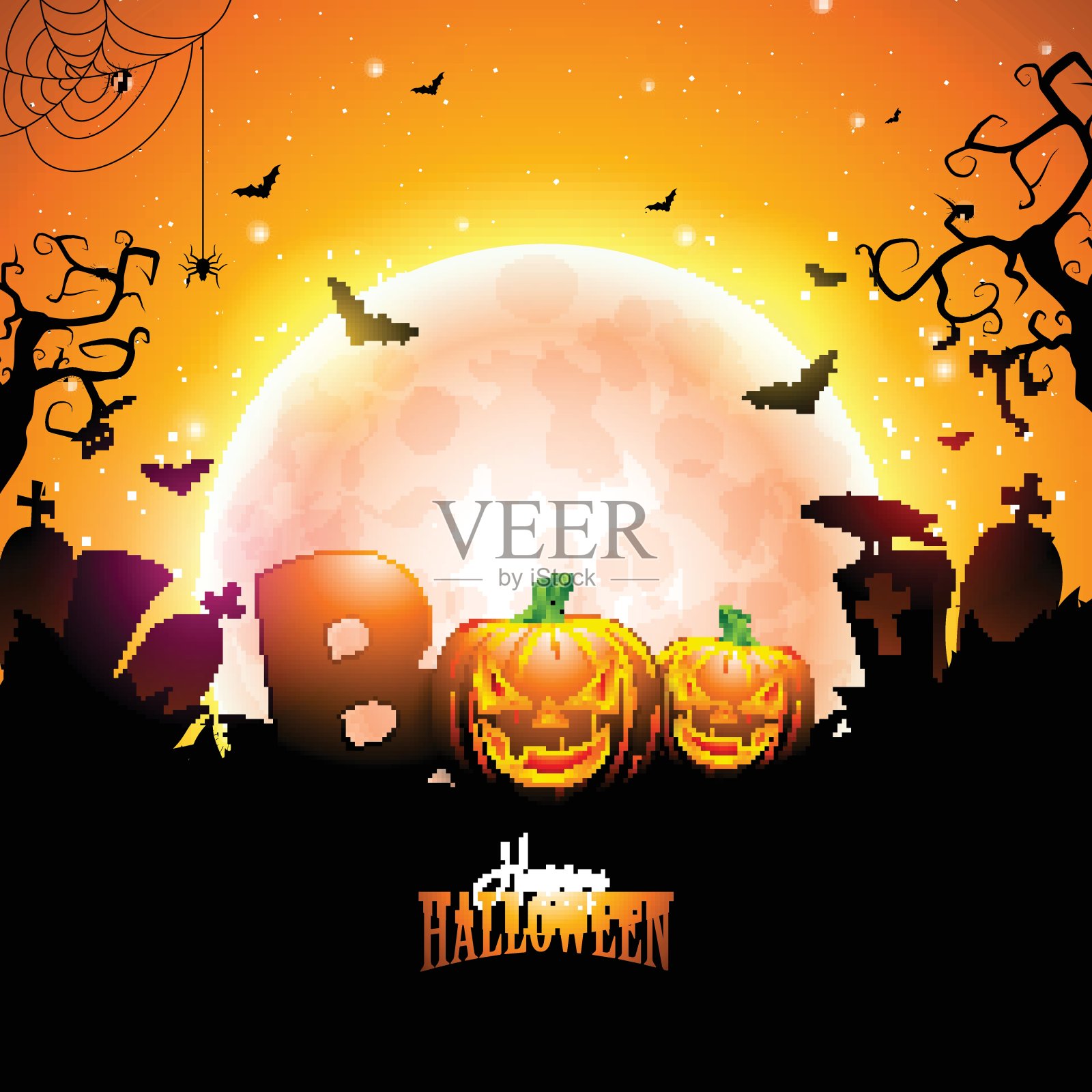 Boo，万圣节快乐设计与印刷字体，月亮，飞行蝙蝠和墓地在橙色的夜空背景。矢量假日设计模板贺卡，传单，庆祝海报或聚会邀请。设计模板素材