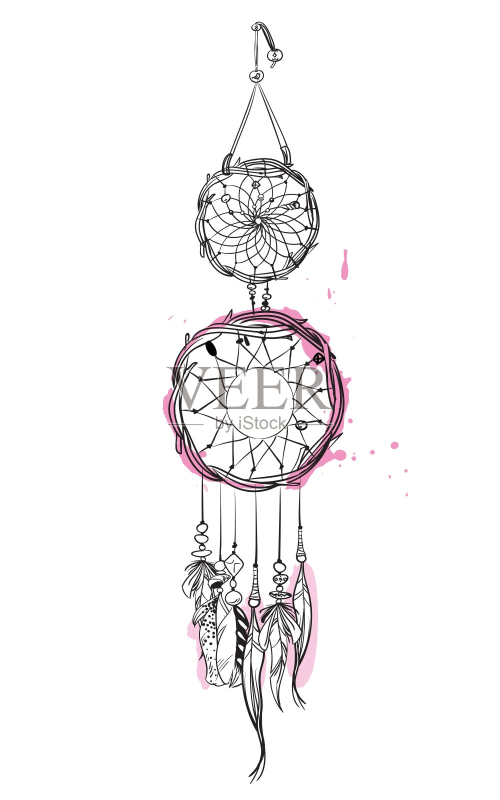 矢量插图与手绘捕梦网与粉色口音。羽毛和珠子。插画图片素材