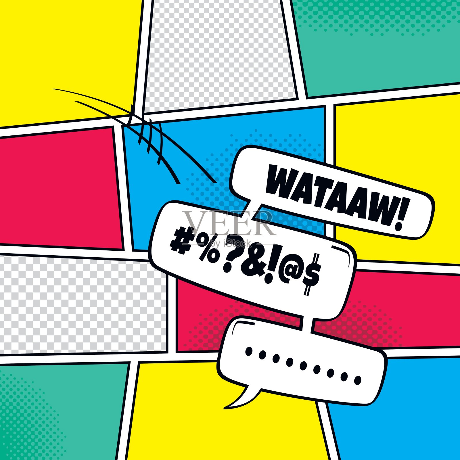 漫画模板元素与语音气泡半色调艺术插画图片素材