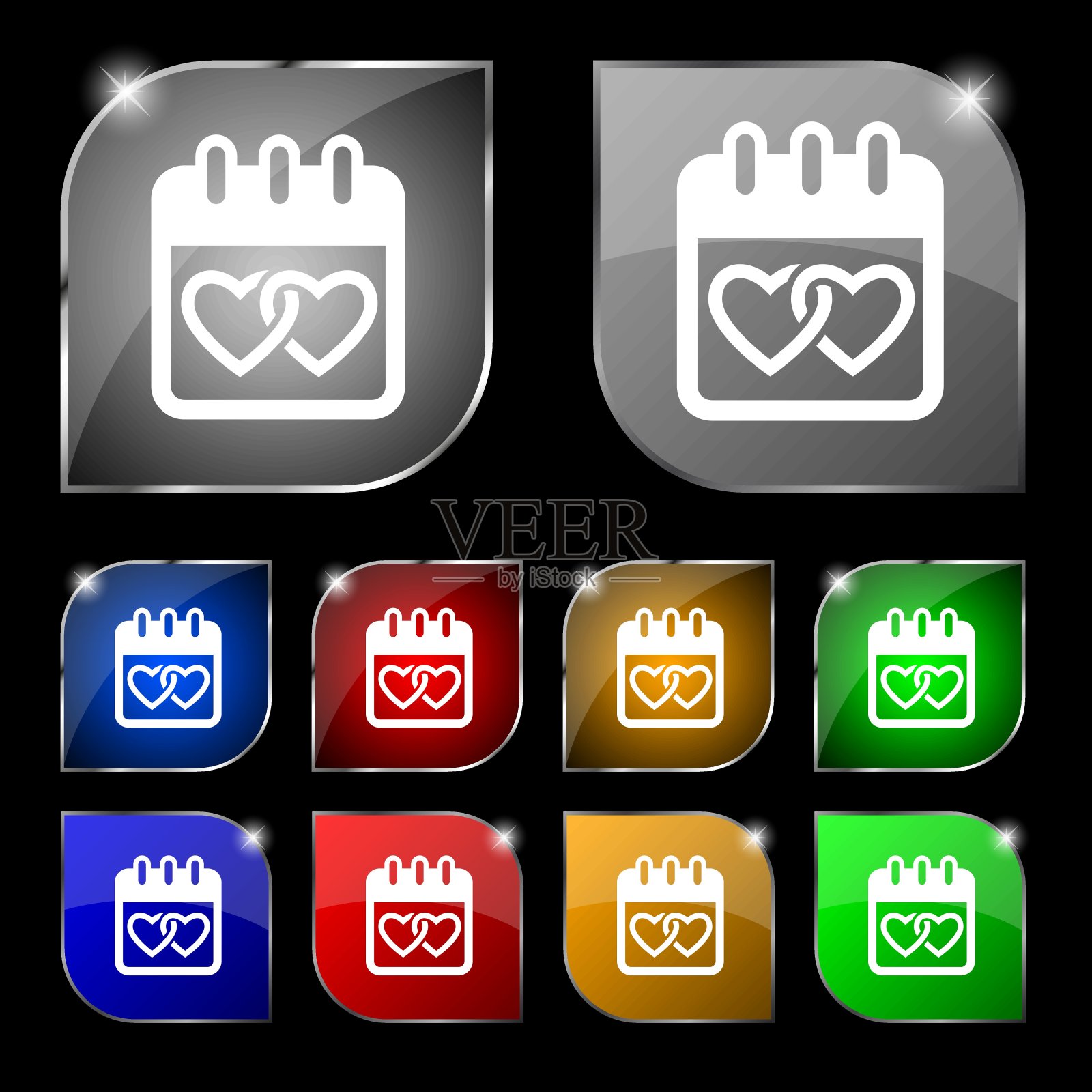 日历，心形，情人节，2月14日，爱的标志。十套彩色按钮与眩光。向量图标素材