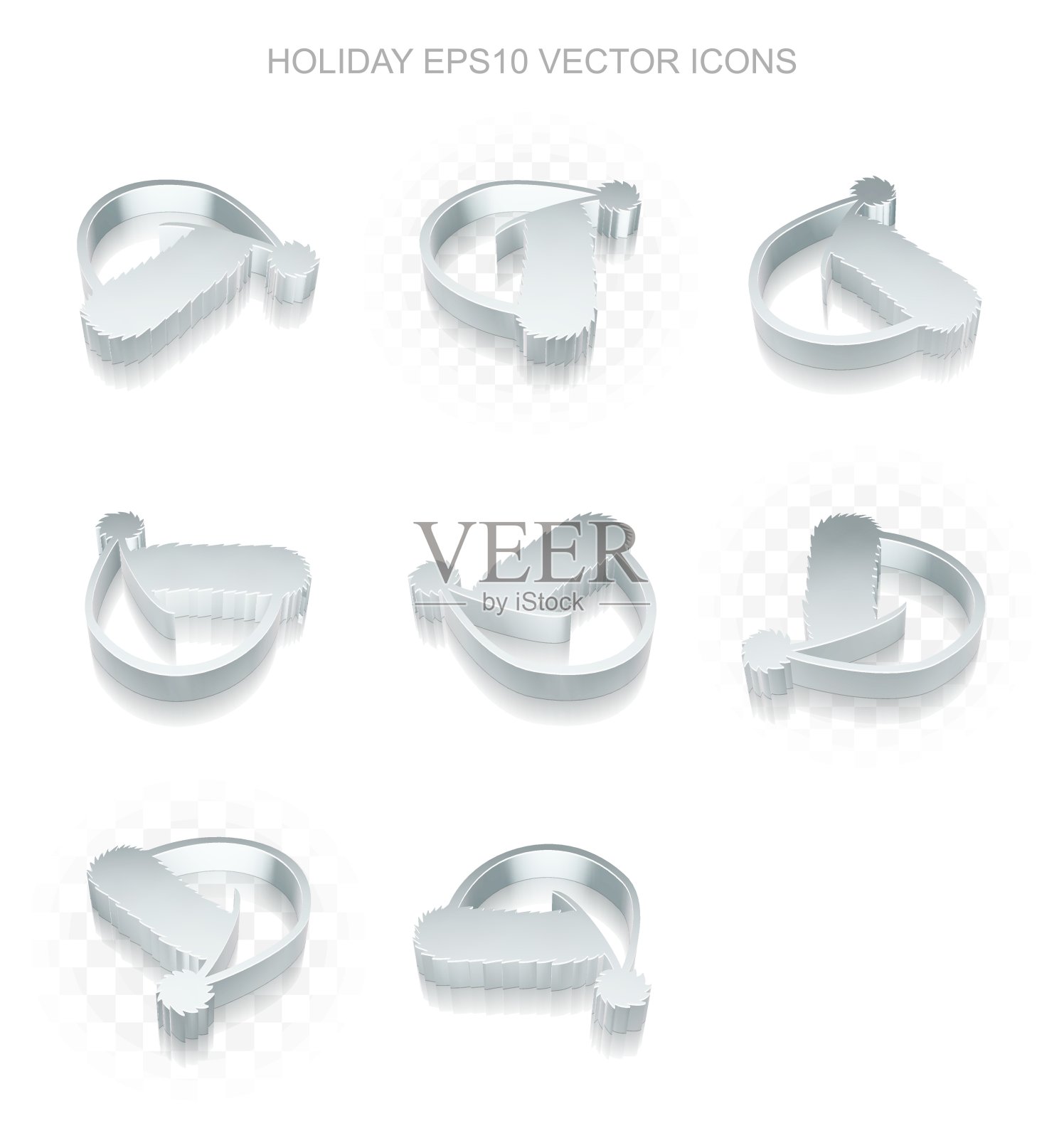 娱乐图标集:不同视角的金属圣诞帽，透明阴影，EPS 10矢量。插画图片素材