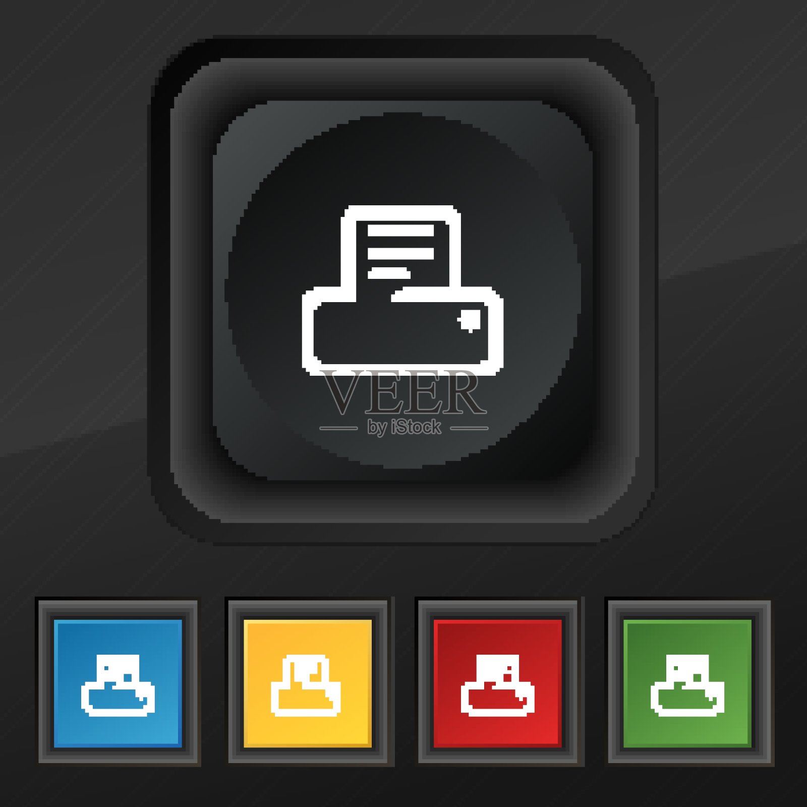 印刷图标符号。五套彩色，时尚的钮扣黑色纹理为您的设计。向量图标素材