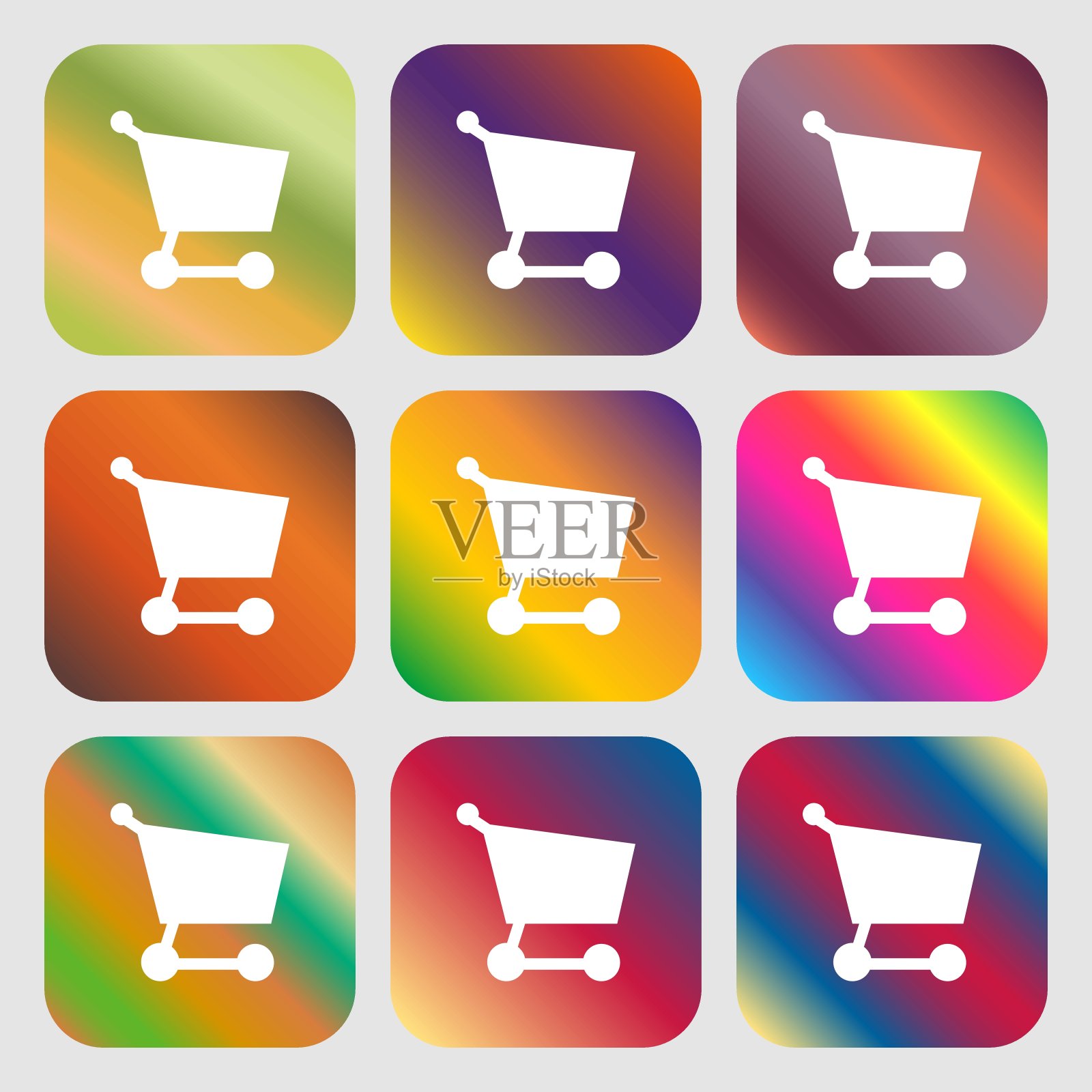 购物篮图标。9个带有明亮渐变的按钮，设计美观。向量图标素材