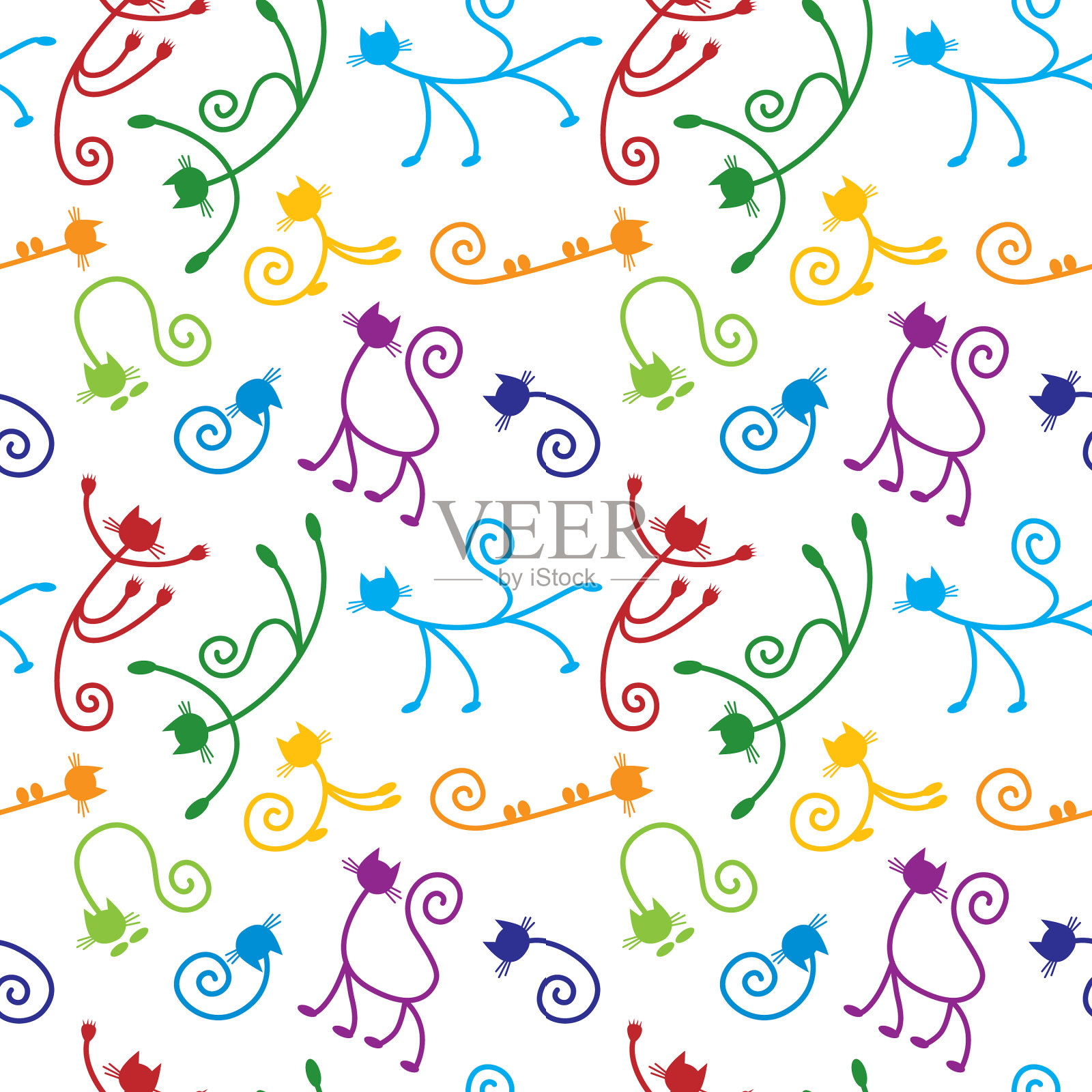 色彩斑斓的猫。无缝模式。插画图片素材