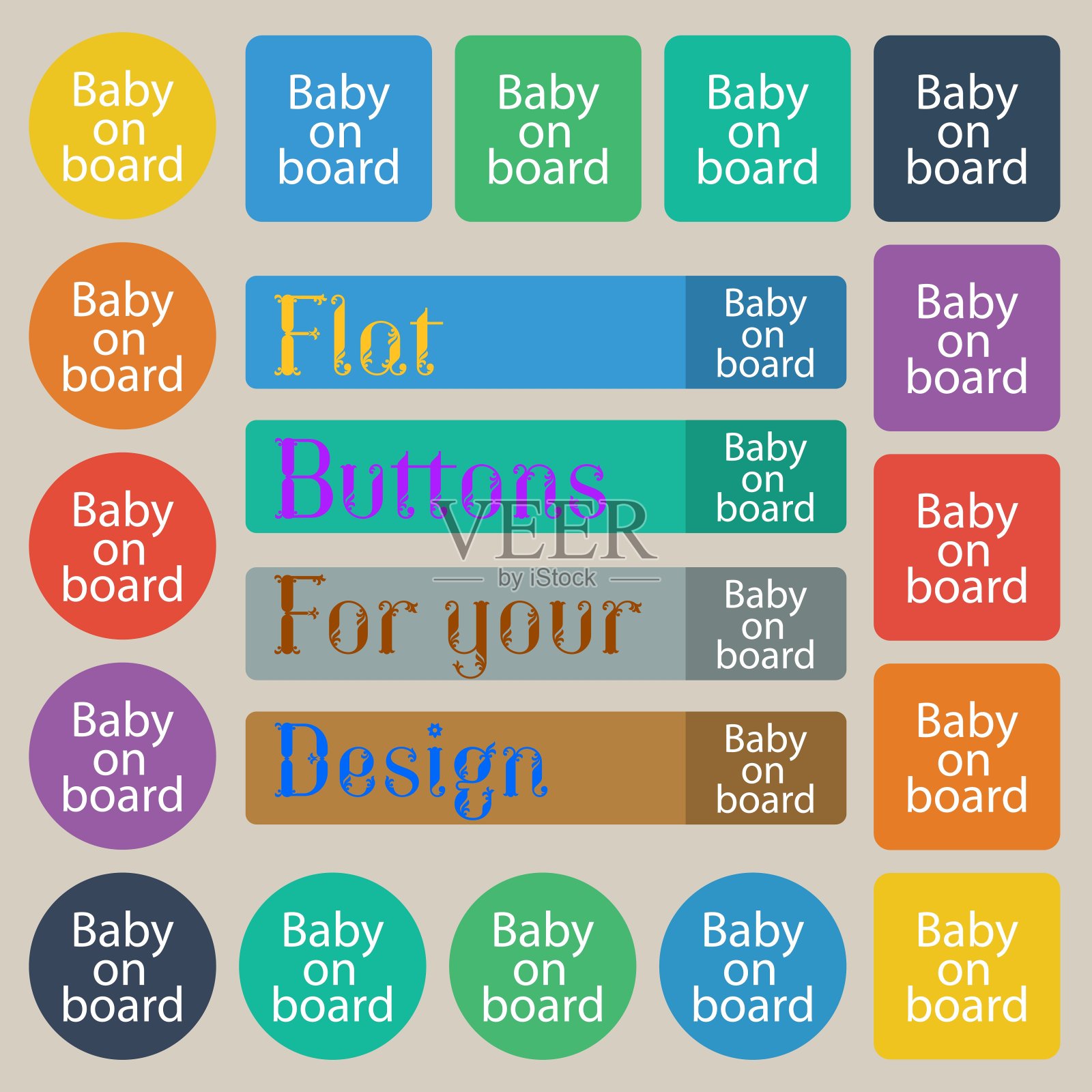 婴儿在船上的标志图标。婴儿在汽车警告符号。二十套彩色平，圆，方和矩形按钮。向量插画图片素材