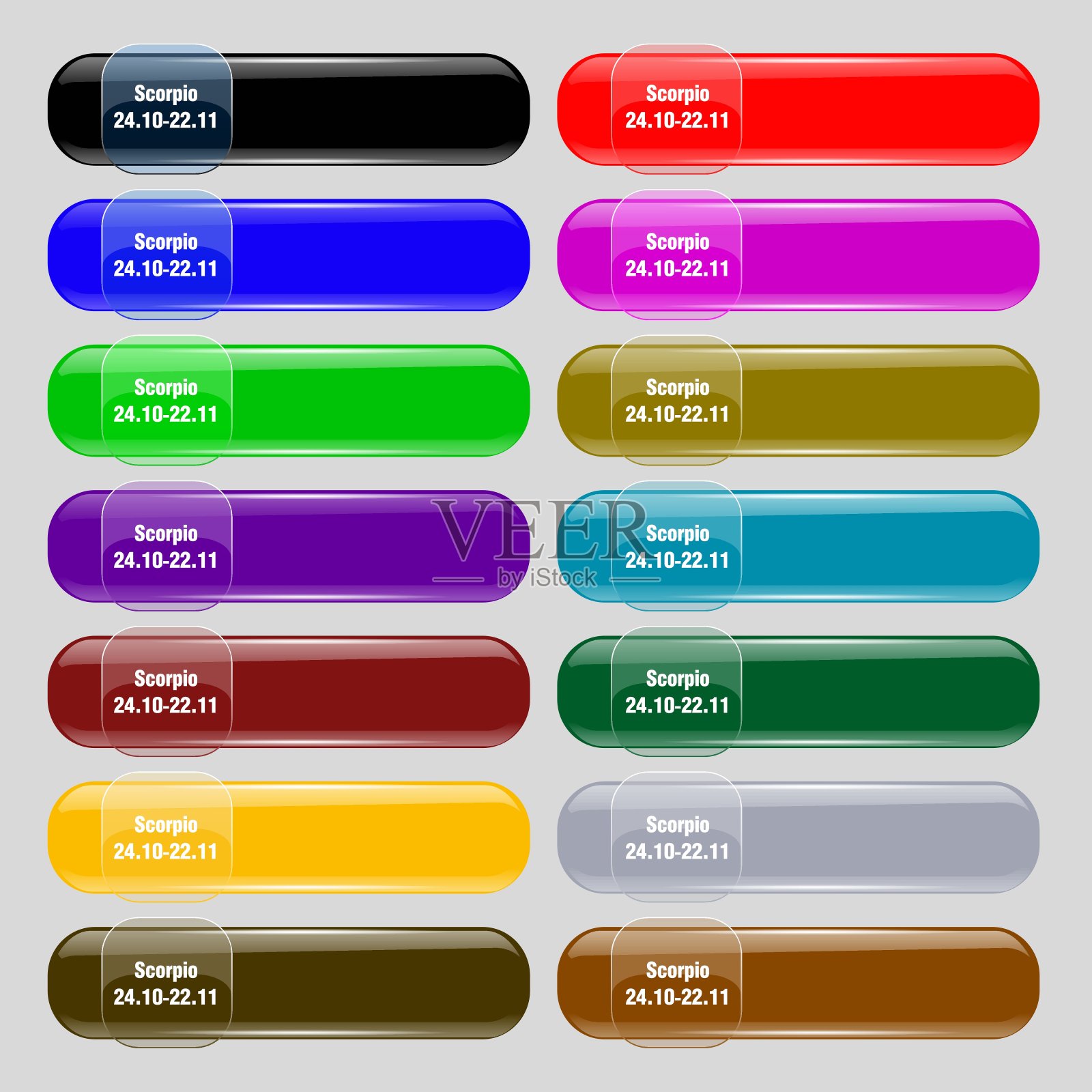天蝎座图标符号。从14个多色玻璃按钮设置文本的地方。向量插画图片素材