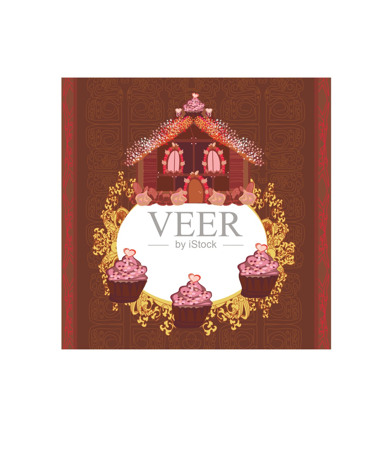 姜饼屋，老式框架插画图片素材