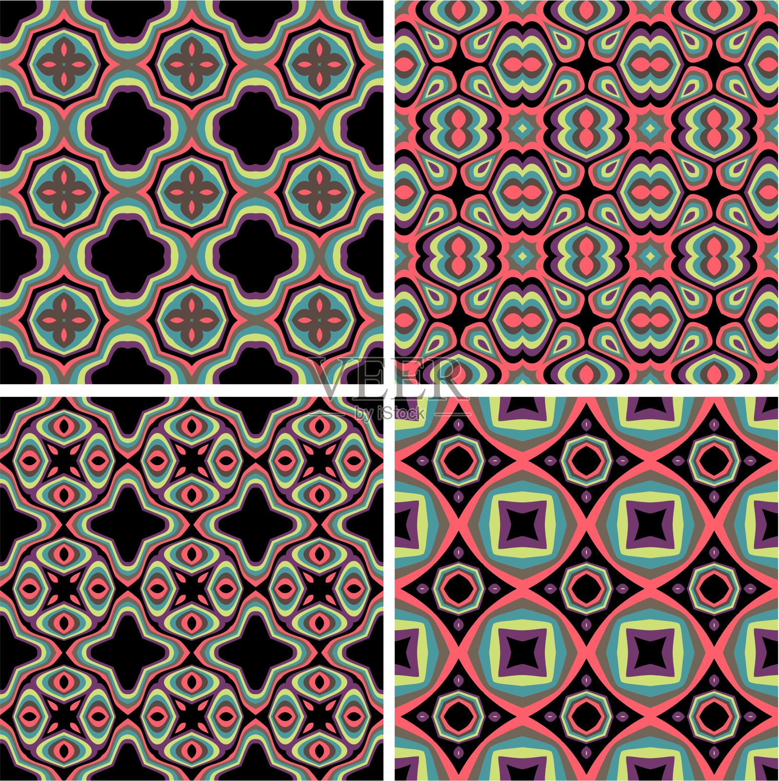 一套无缝彩色复古图案背景插画图片素材