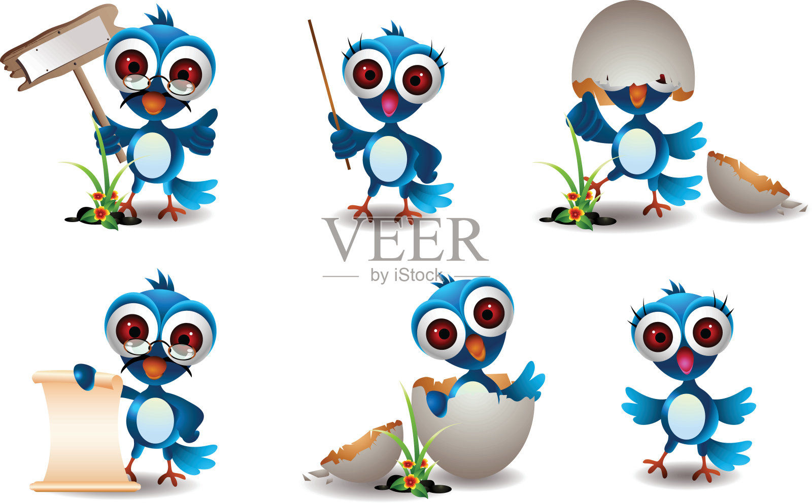 可爱的蓝鸟家庭卡通套装插画图片素材