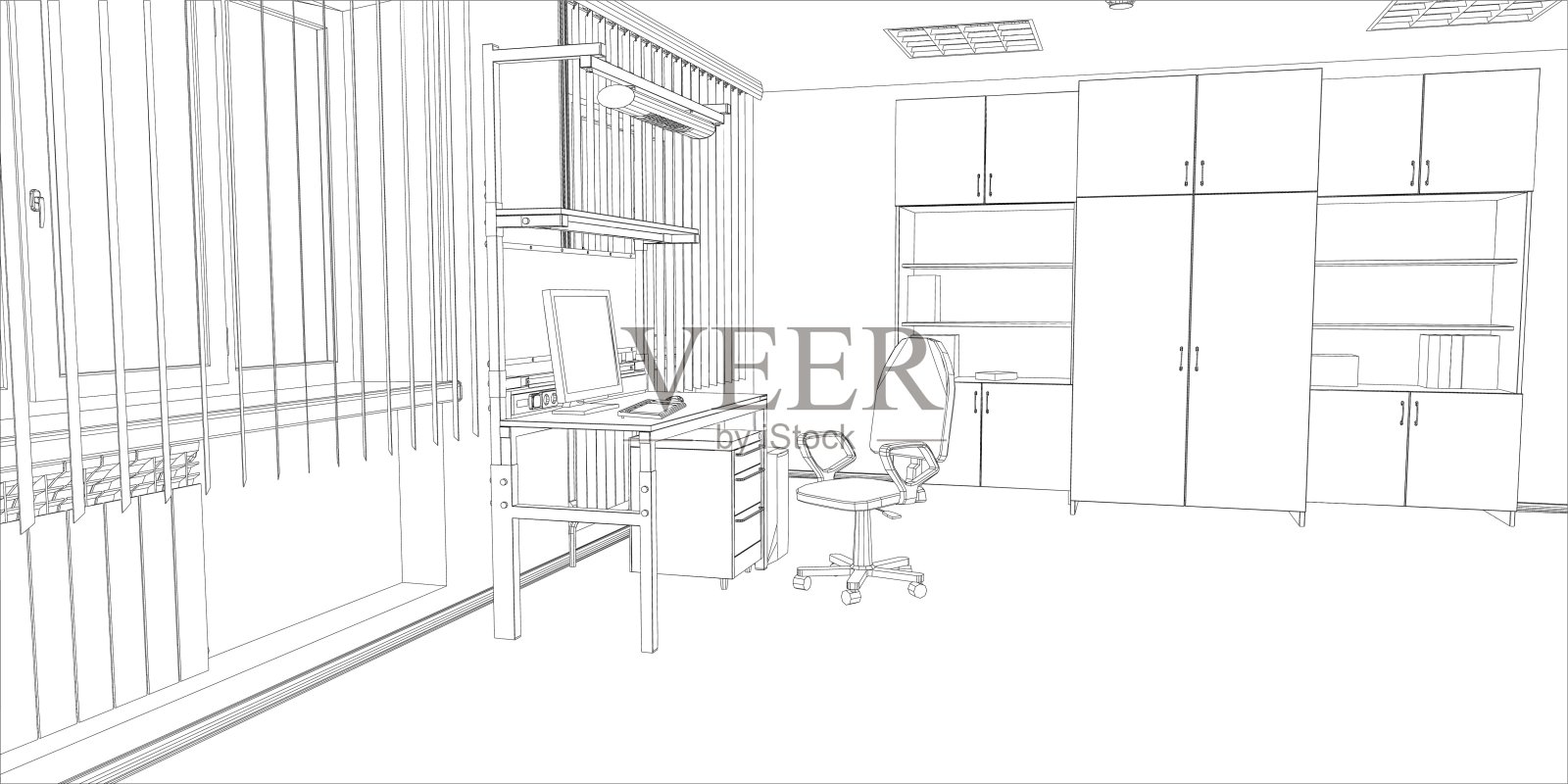 房间。电脑桌、椅子和窗户插画图片素材