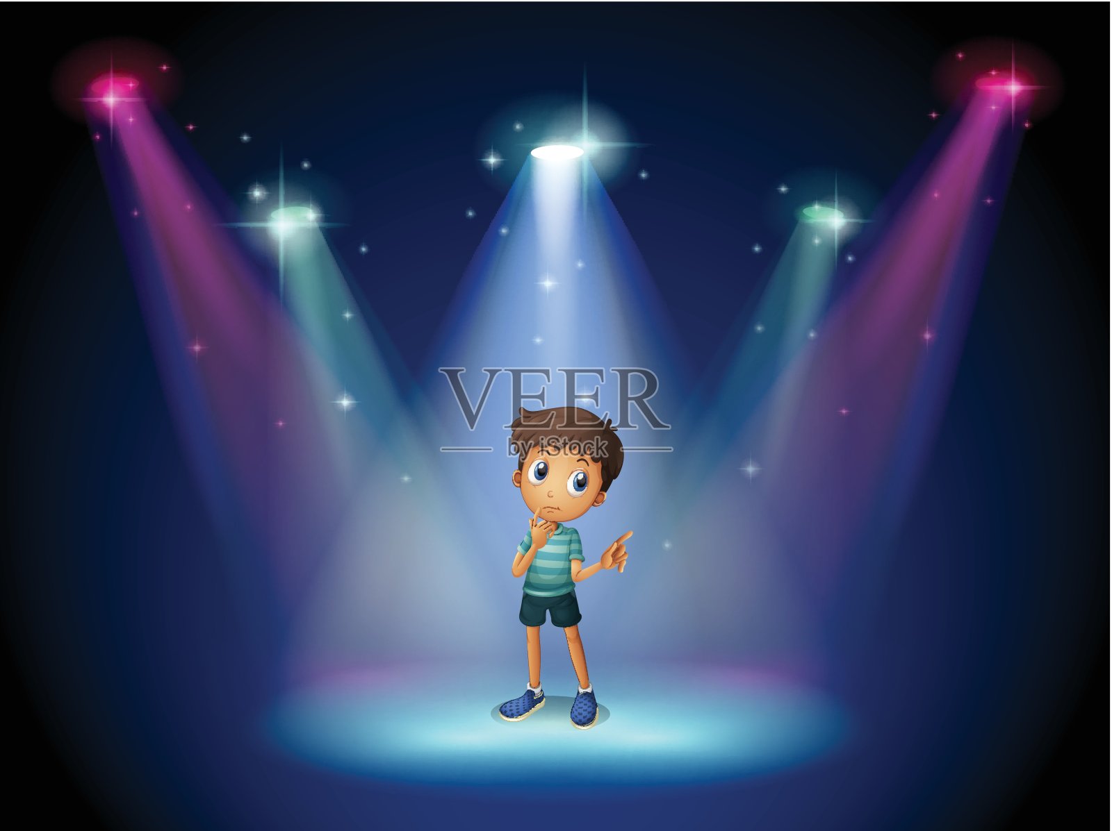 一个男孩在聚光灯下的舞台上表演插画图片素材