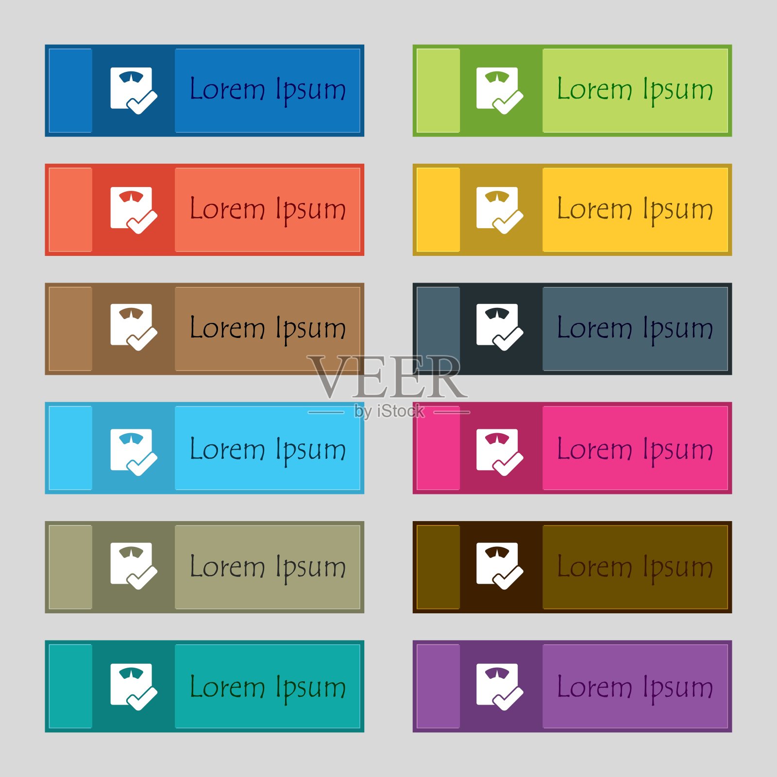 浴室秤图标标志。一套12个长方形，色彩鲜艳，漂亮，高质量的按钮为网站。向量图标素材