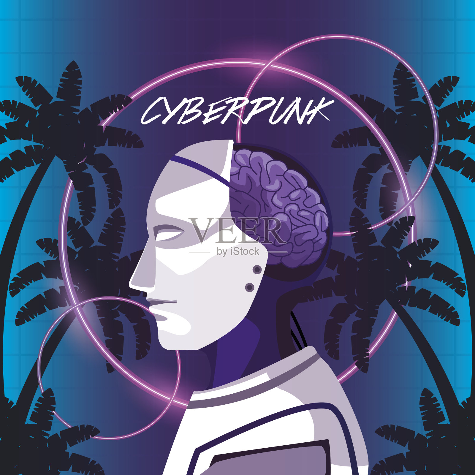 带有人形机器人的网络朋克海报插画图片素材