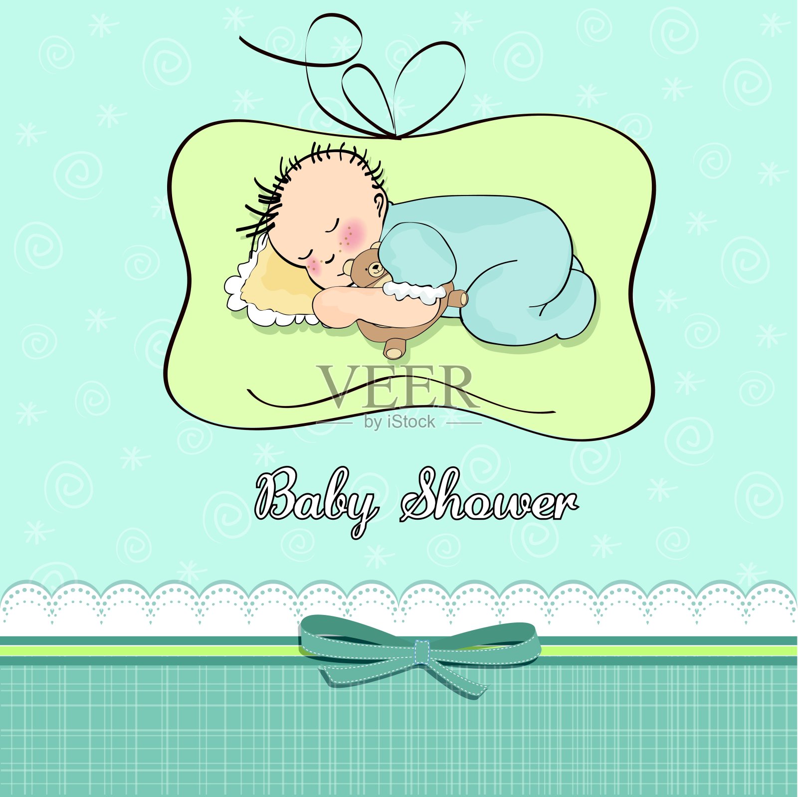 婴儿送礼卡和小男孩和他的泰迪熊睡觉设计模板素材