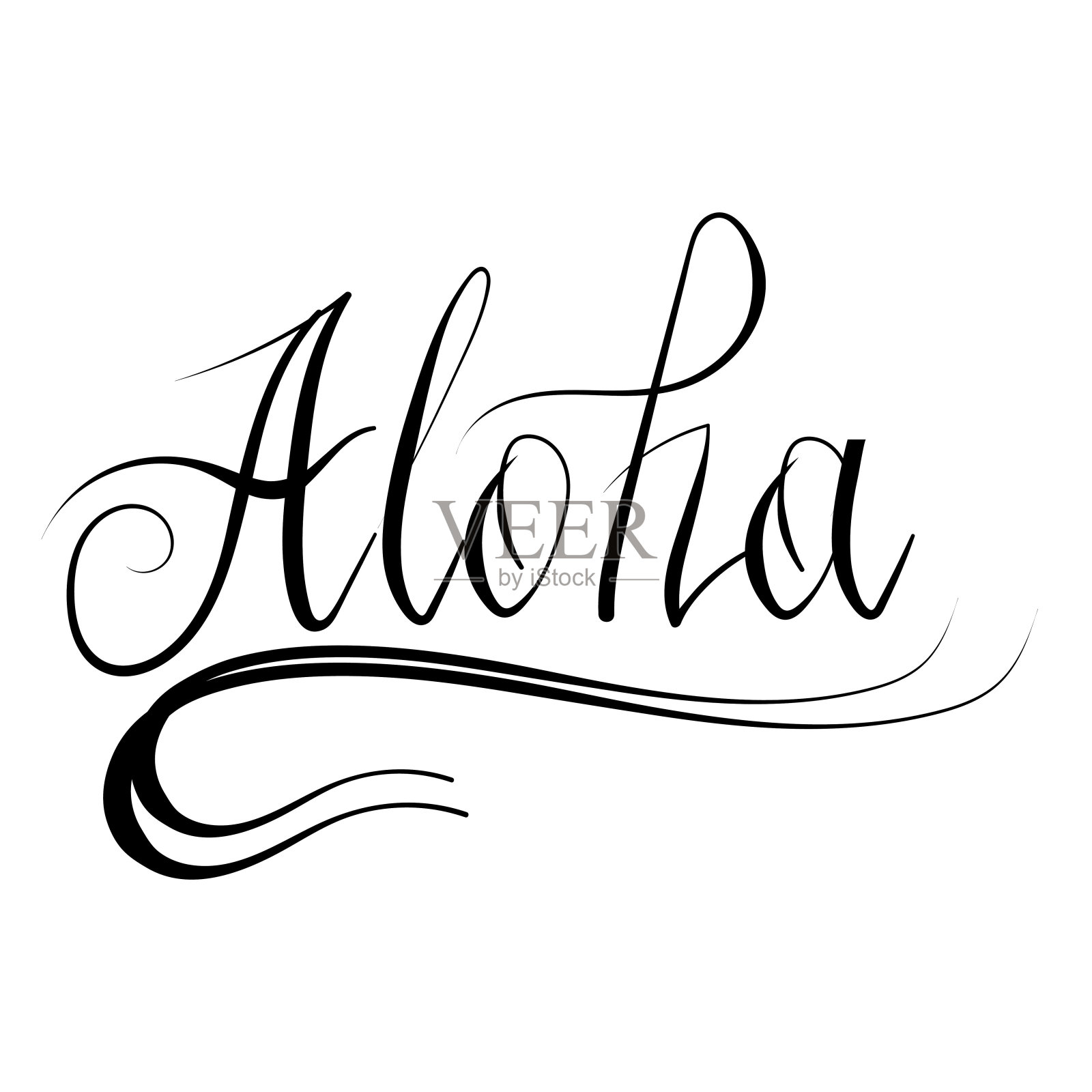 刻字AlohaText。采购产品为徽章，图标，旗帜，标签，插图，明信片的手素描假期印刷标志设计元素图片