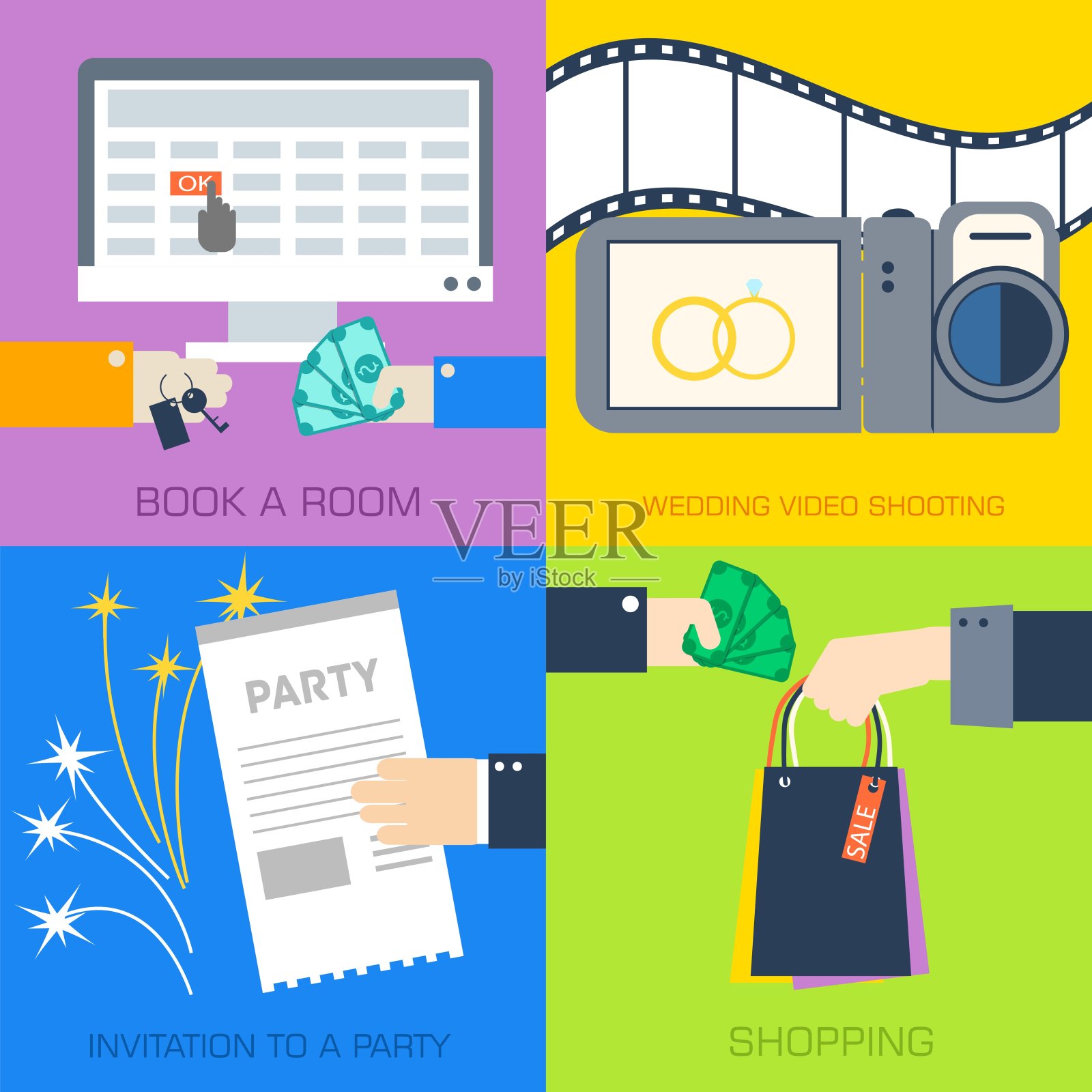 一套平面沟通概念插图。矢量背景设计复古风格。网页和手机的图标插画图片素材