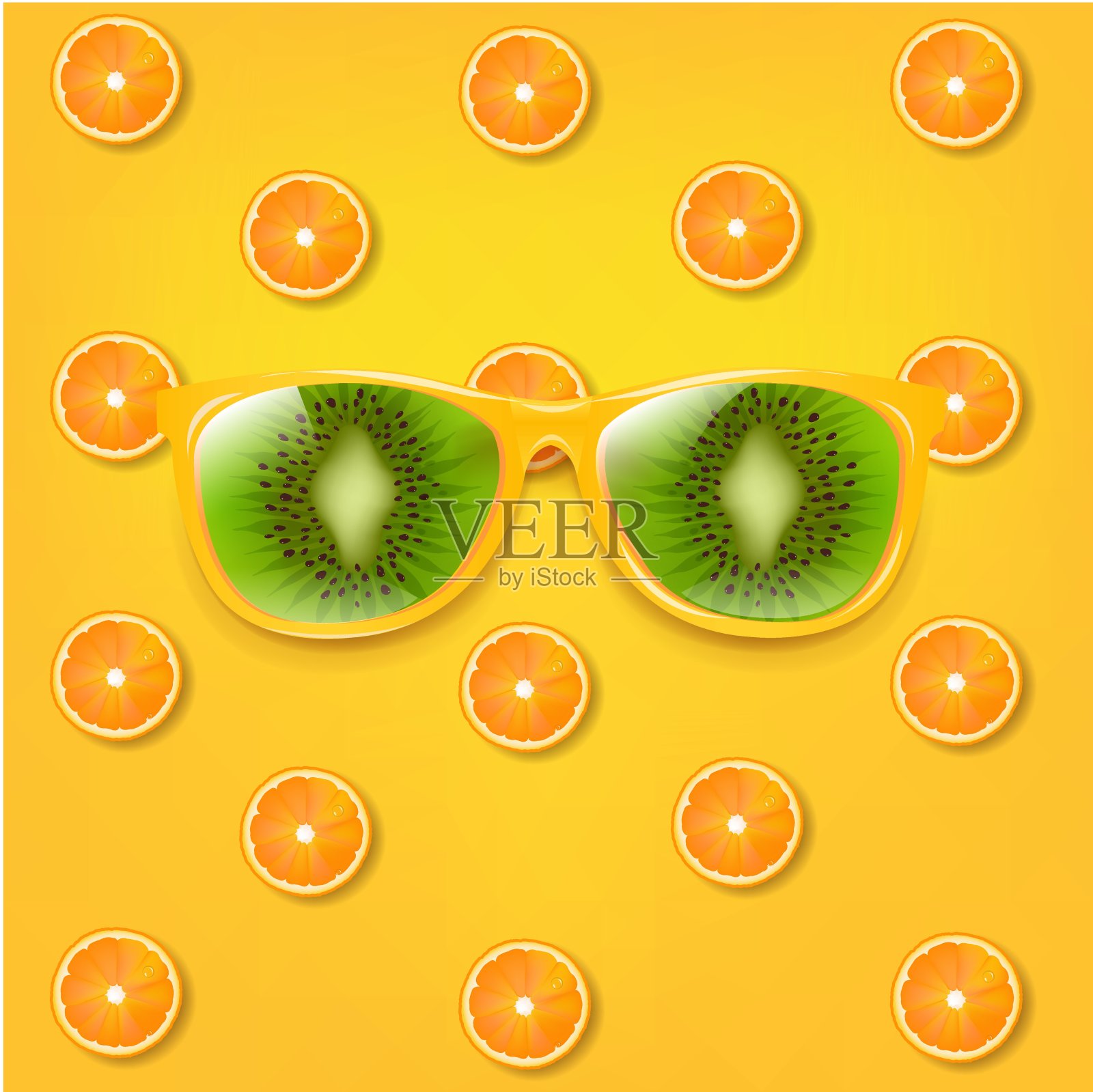 猕猴桃和黄色背景的太阳镜插画图片素材