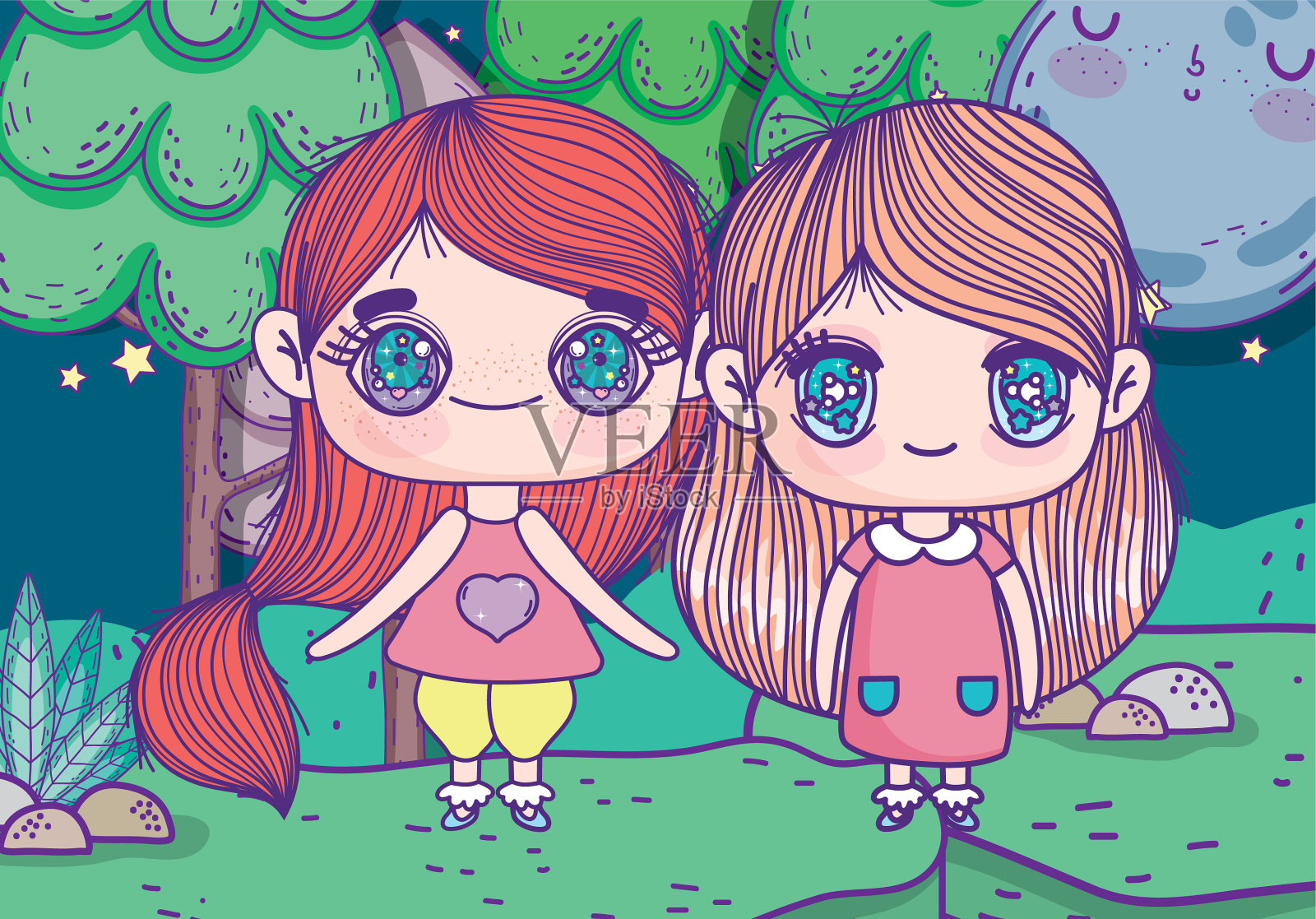 孩子可爱的小女孩动漫在晚上插画图片素材