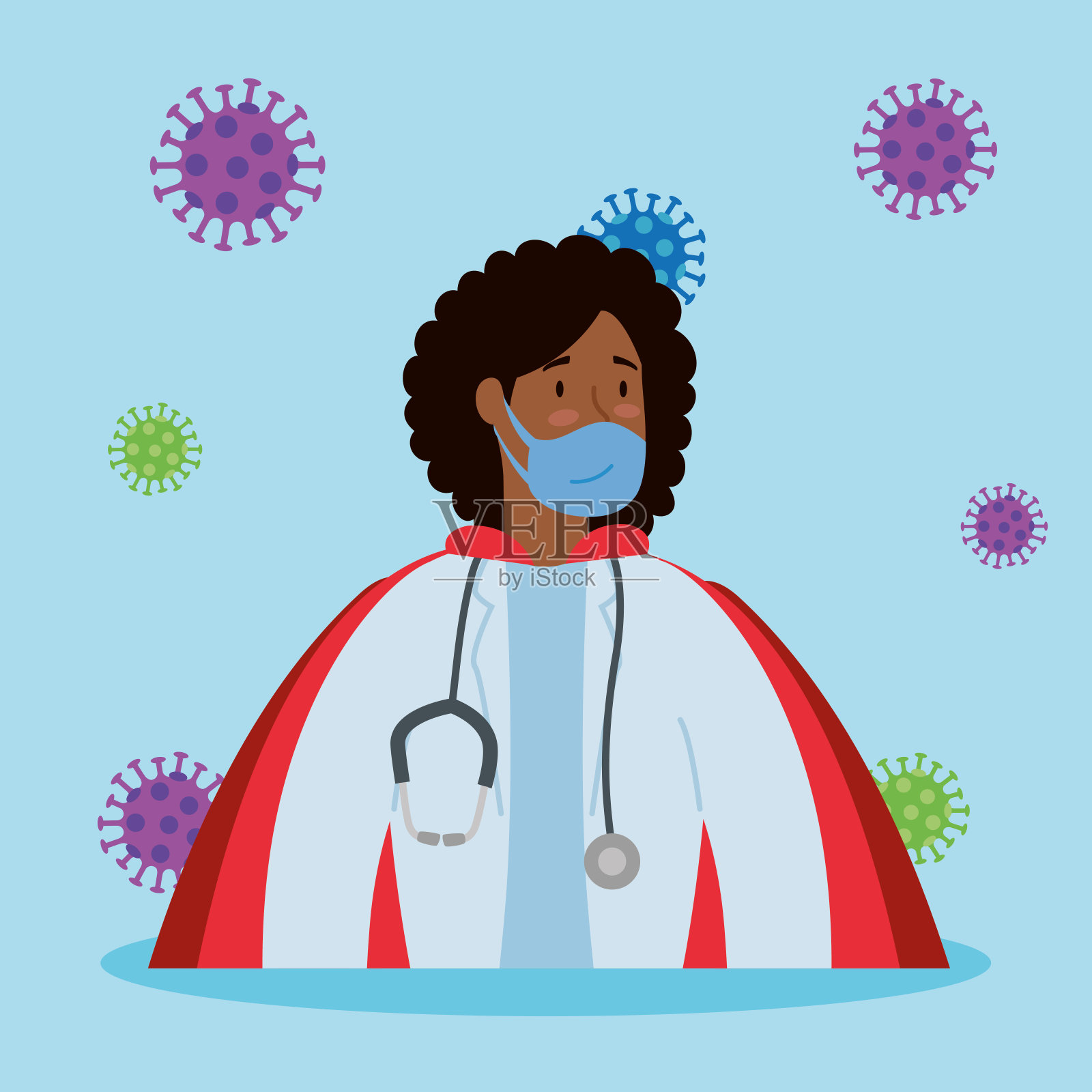 超级医生女非洲与英雄斗篷和粒子covid 19插画图片素材