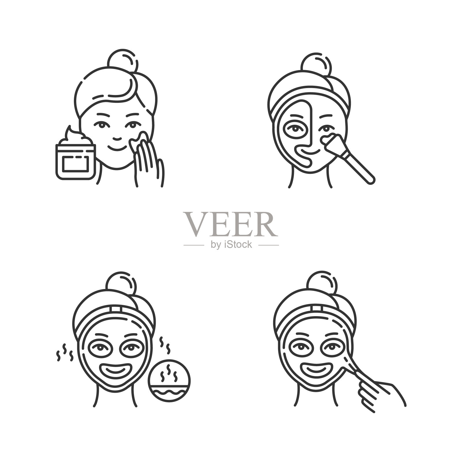 皮肤护理程序线性图标设置。去死皮膏。用热面膜打开毛孔。细线等高线符号。孤立矢量大纲插图。可编辑的中风插画图片素材