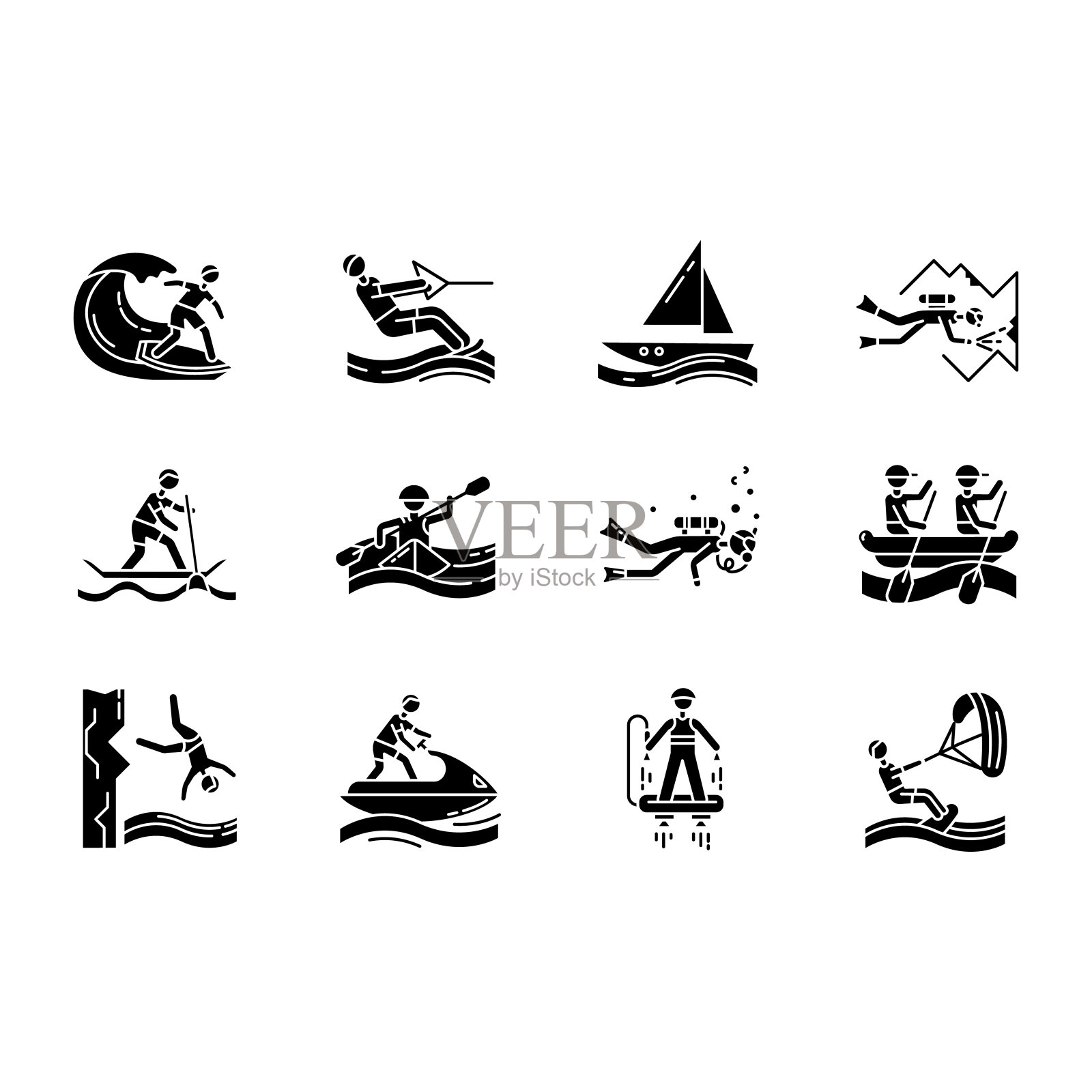 水上运动字形图标集。轮廓符号。洞穴潜水、风筝滑板、飞行滑板和水上摩托。悬崖跳跃和划桨冲浪。极限运动。向量孤立的插图图标素材
