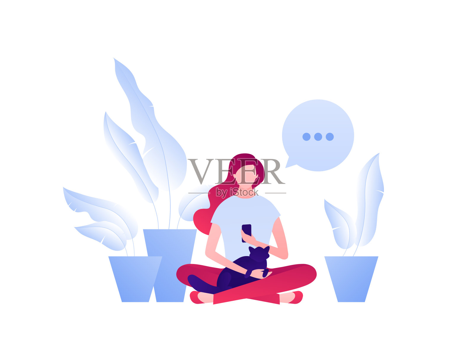 社交媒体博客和远程办公的商业概念。矢量平面人插图。女性和猫坐在一起，通过智能手机聊天。设计元素的旗帜，用户界面，海报，广告，信息图表插画图片素材