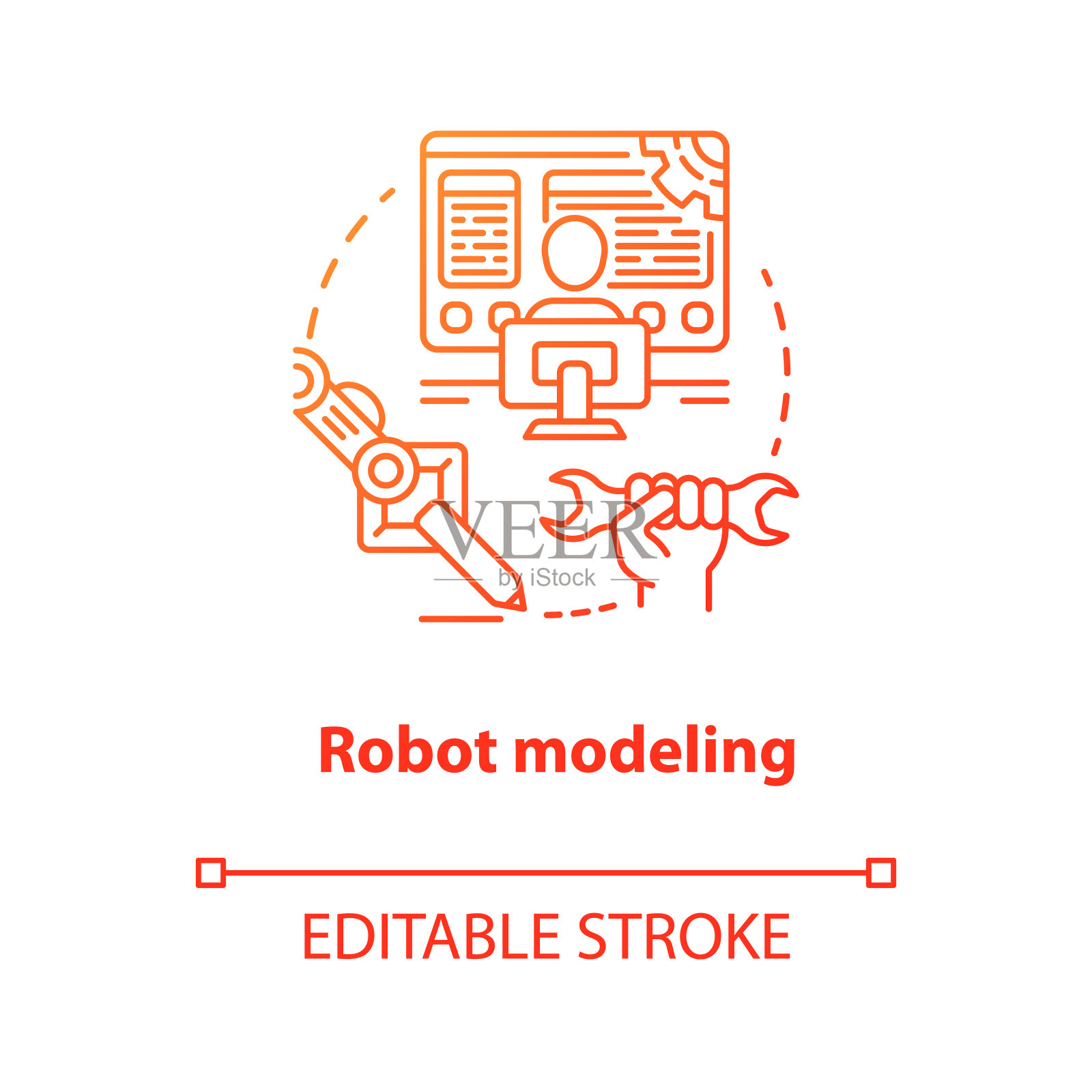 机器人建模红色概念图标。创造计算机的想法细线插图。电子设备的设计。发展机器人技术。矢量孤立轮廓绘制。可编辑的中风插画图片素材
